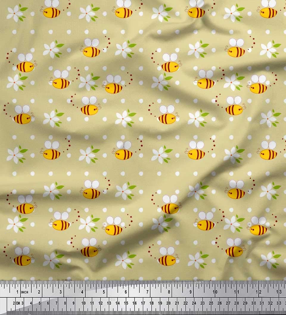 Soimoi Viscose Chiffon Fabric - Beige Floral Honey Bee Print - 42