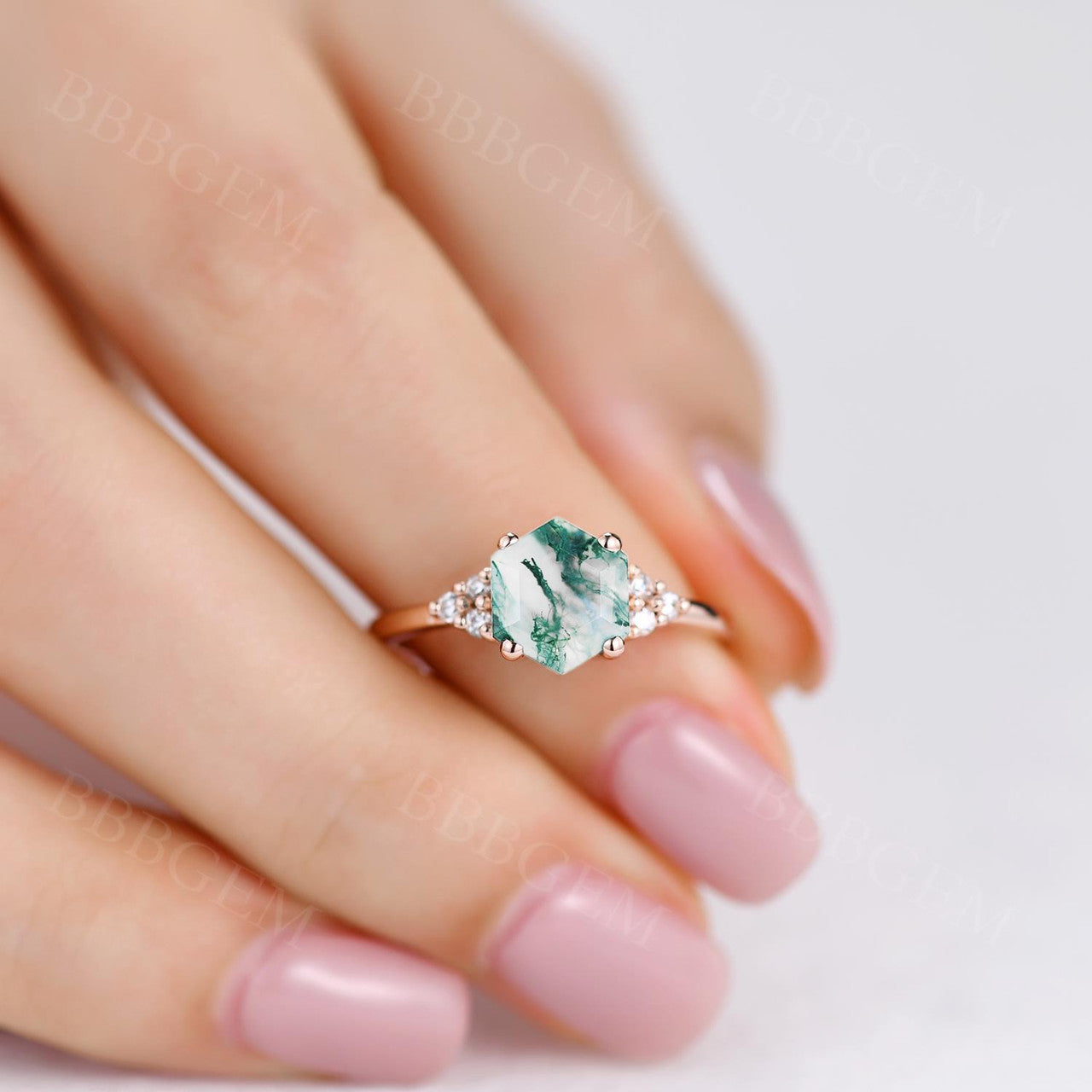 Vintage Rose Gold Hexagon Cut Moss Agate Engagement Ring with 6 Diamond Accent Stones - Perfect for Proposals, Weddings & Anniversary Gifts
