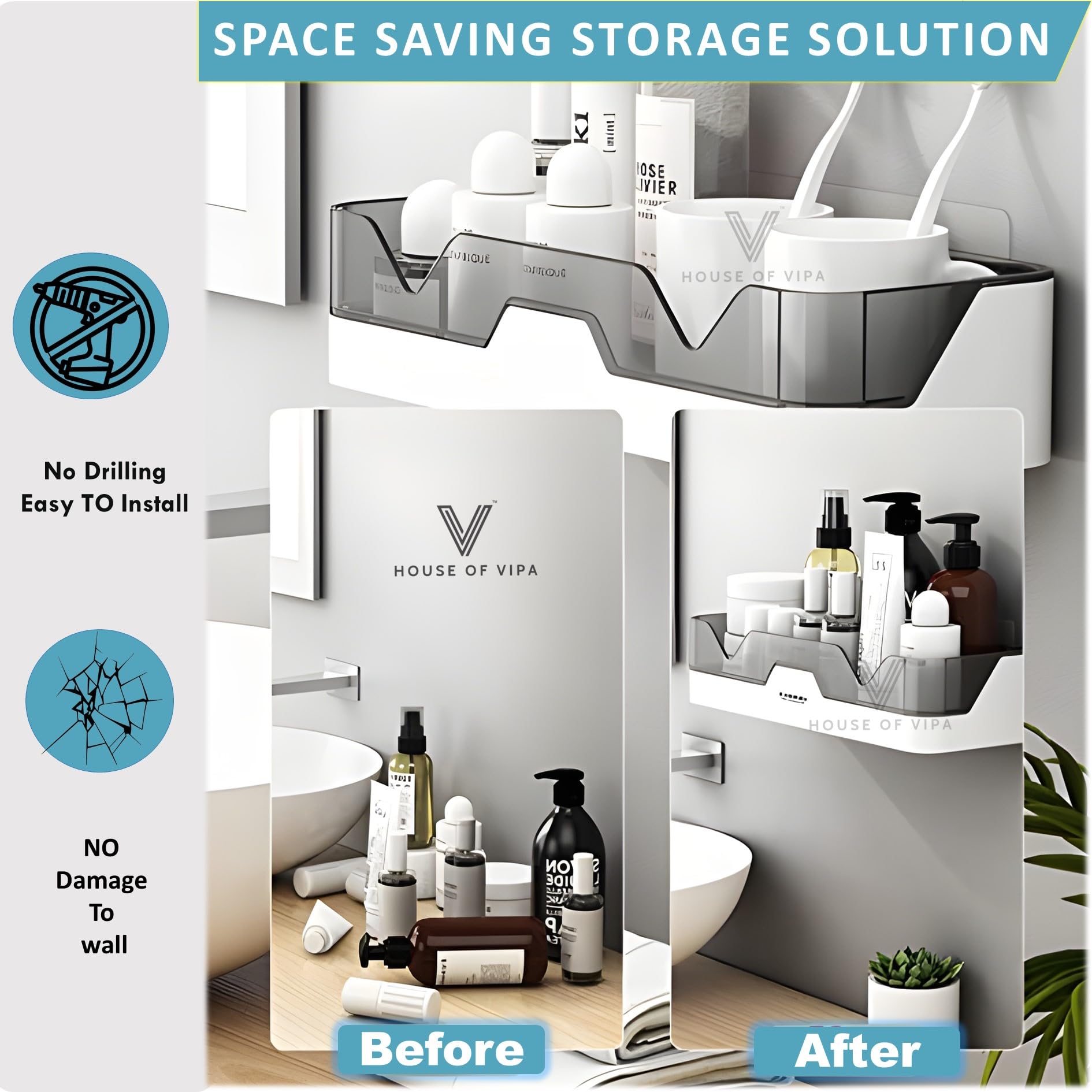 Premium Plastic Bathroom Organizer Set - Wall Mounted Shower Shelf with 2 Shelves & 4 Hooks - Space Saving Bath Accessories for Towels, Toiletries & Cosmetics - Perfect for Small Bathrooms, Apartments & Dorm Rooms