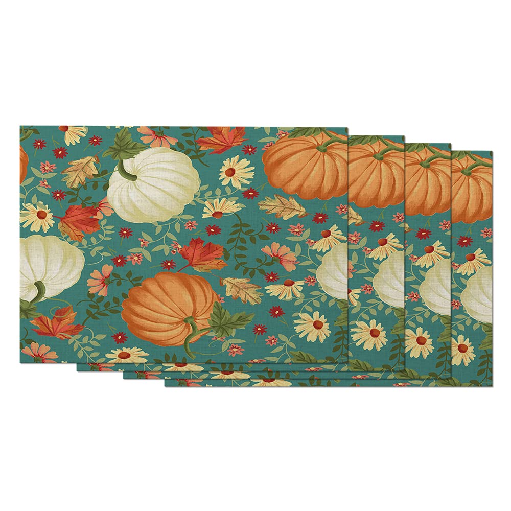 AOYEGO 12x18 Inch Autumn Pumpkin Placemats Set of 4 - Maple Leaf & Sunflower Floral Cotton Linen Table Mats for Dining Room Decor, Fall Thanksgiving Dinner Party Home Decoration