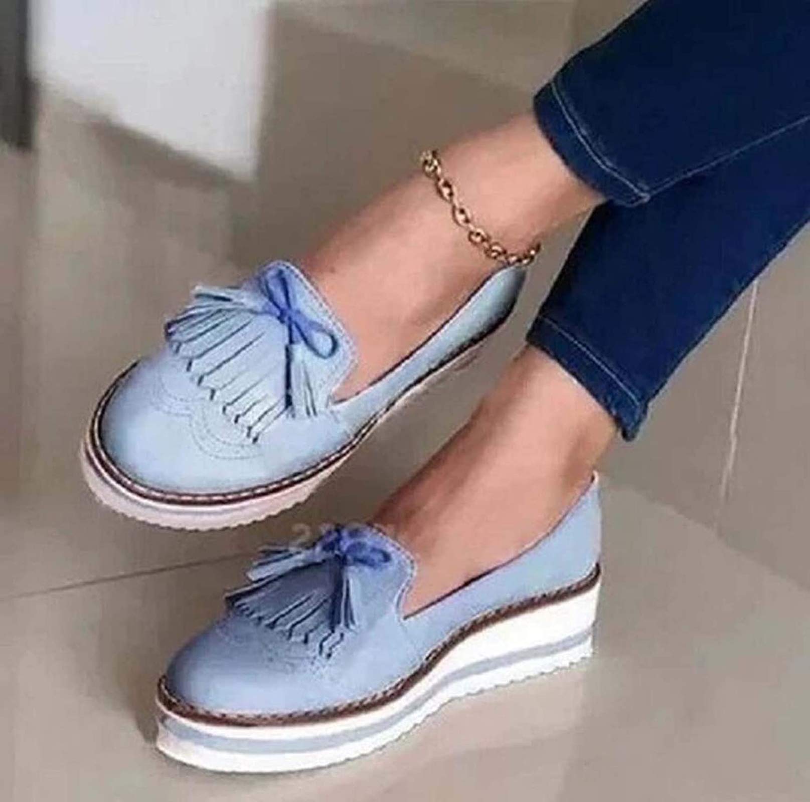 Women's Leather Wedge Platform Sandals with Tassel - Closed Toe Retro Round Toe Flat Shoes - Comfortable & Fashionable for Summer, Beach, Party & Casual Wear - Blue, Size 41