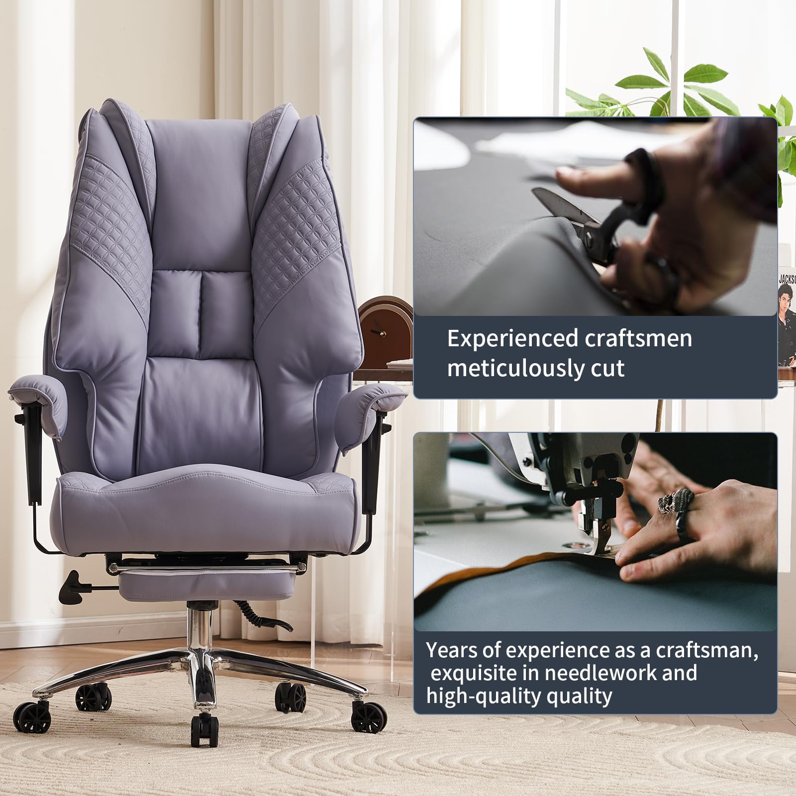 Big and Tall Office Chair 400lbs Capacity - Wide Seat Leather Executive Chair with Adjustable Footrest & Lumbar Support - Ergonomic High Back Desk Chair for Back Pain Relief (Light Purple) - Perfect for Home Office, Gaming, and Long Work Sessions