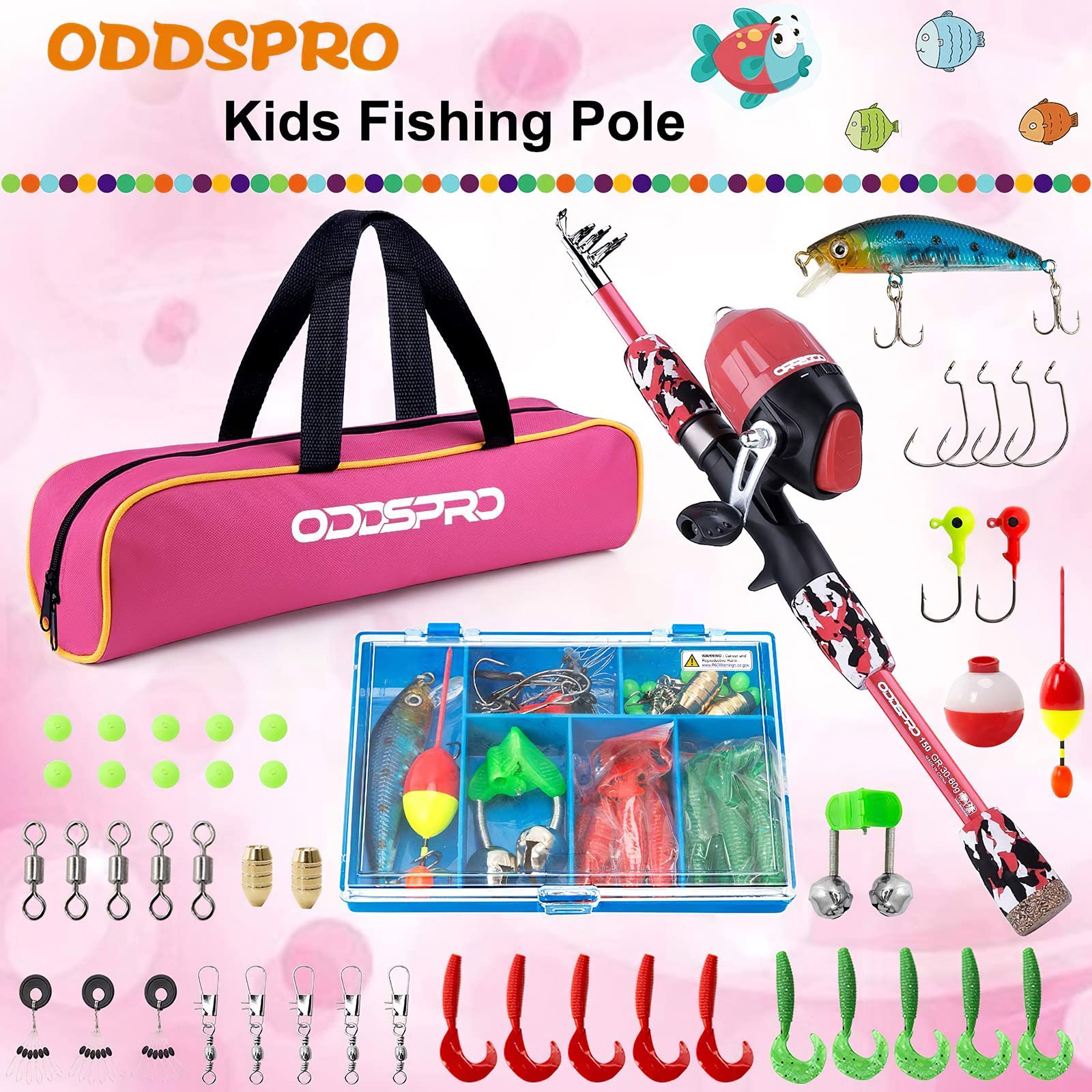 ODDSPRO Kids Fishing Pole Pink - Telescopic Fishing Rod and Reel Combo Kit with Tackle Box | Portable Fishing Gear for Girls & Youth | Perfect for Outdoor, Beach, Lake & Camping Adventures