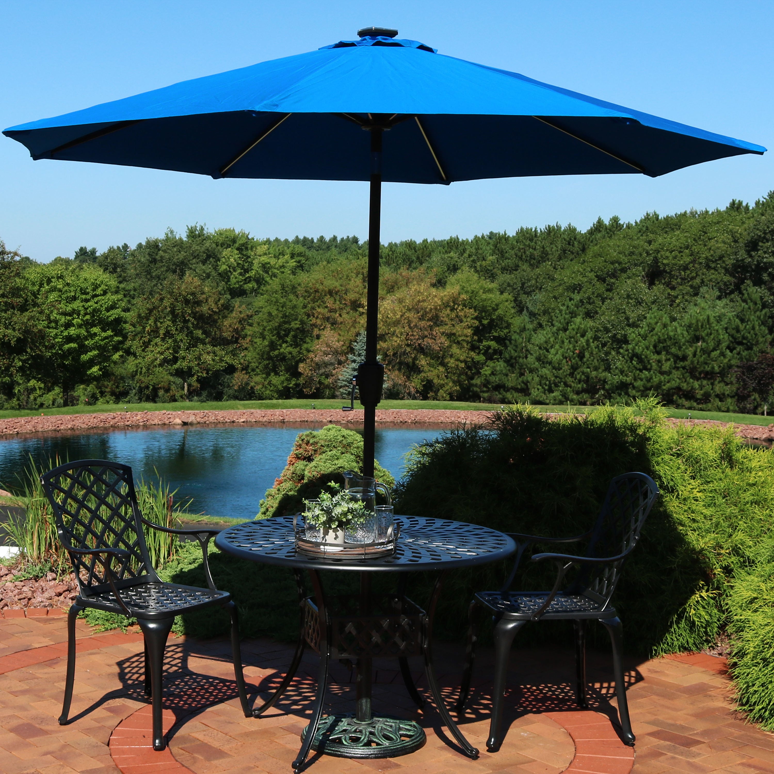 Sunnydaze 9 Foot Solar Sunbrella Patio Umbrella with Push Button Tilt & Crank - Perfect for Poolside, Backyard, and Outdoor Dining Areas