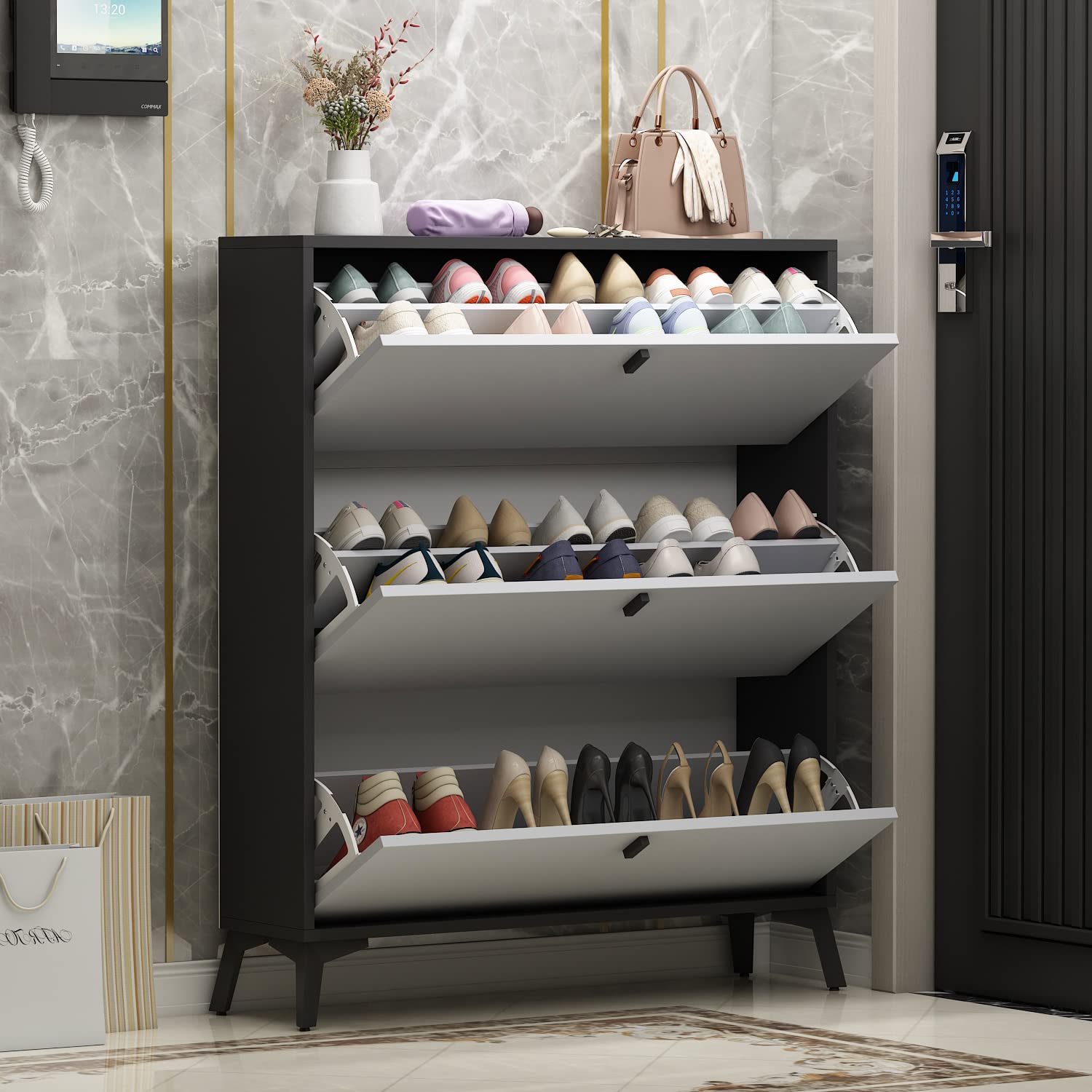 FUFU&GAGA 3-Drawer Shoe Cabinet - Entryway Storage Organizer (Grey/Dark Grey) for Small Spaces
