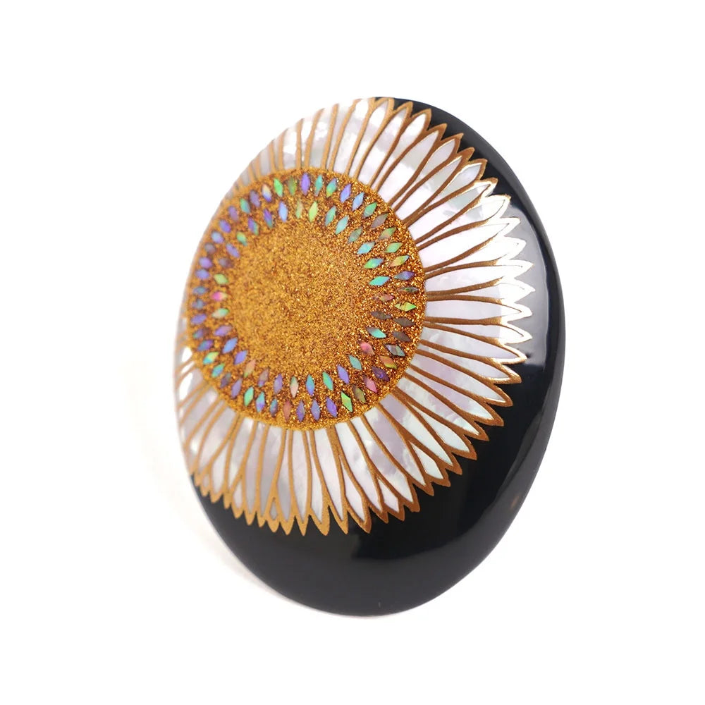 Exquisite Maki-e Urushi Lacquer Brooch with White South Sea Pearl Shell & Sunflower Design | Traditional Japanese Lacquer Jewelry | Perfect for Formal Occasions, Weddings & Cultural Events