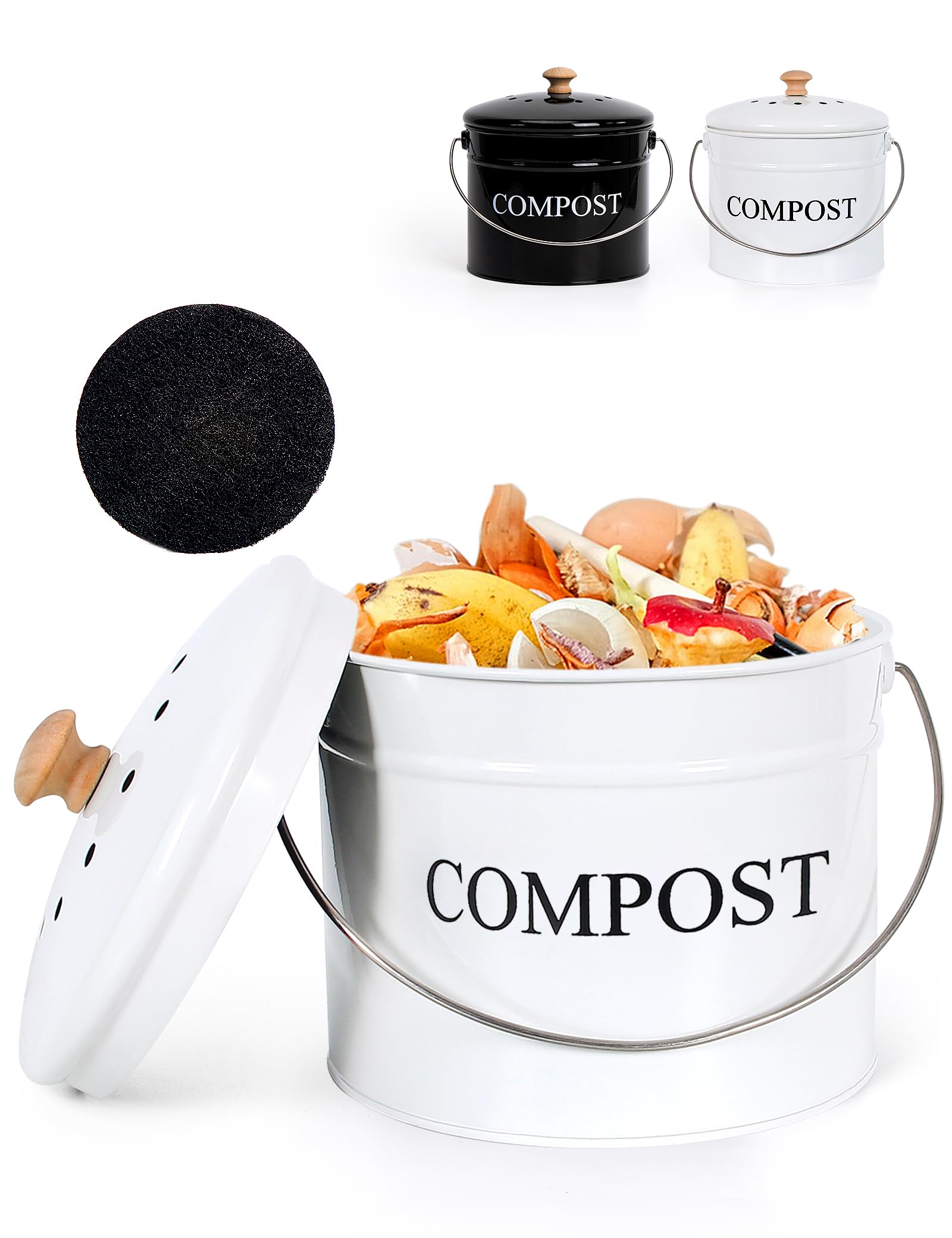 1 Gallon Kitchen Compost Bin with Lid & Charcoal Filters - Rust Proof Indoor Composter, Countertop Food Waste Bin for Eco-Friendly Kitchen Recycling & Odor Control