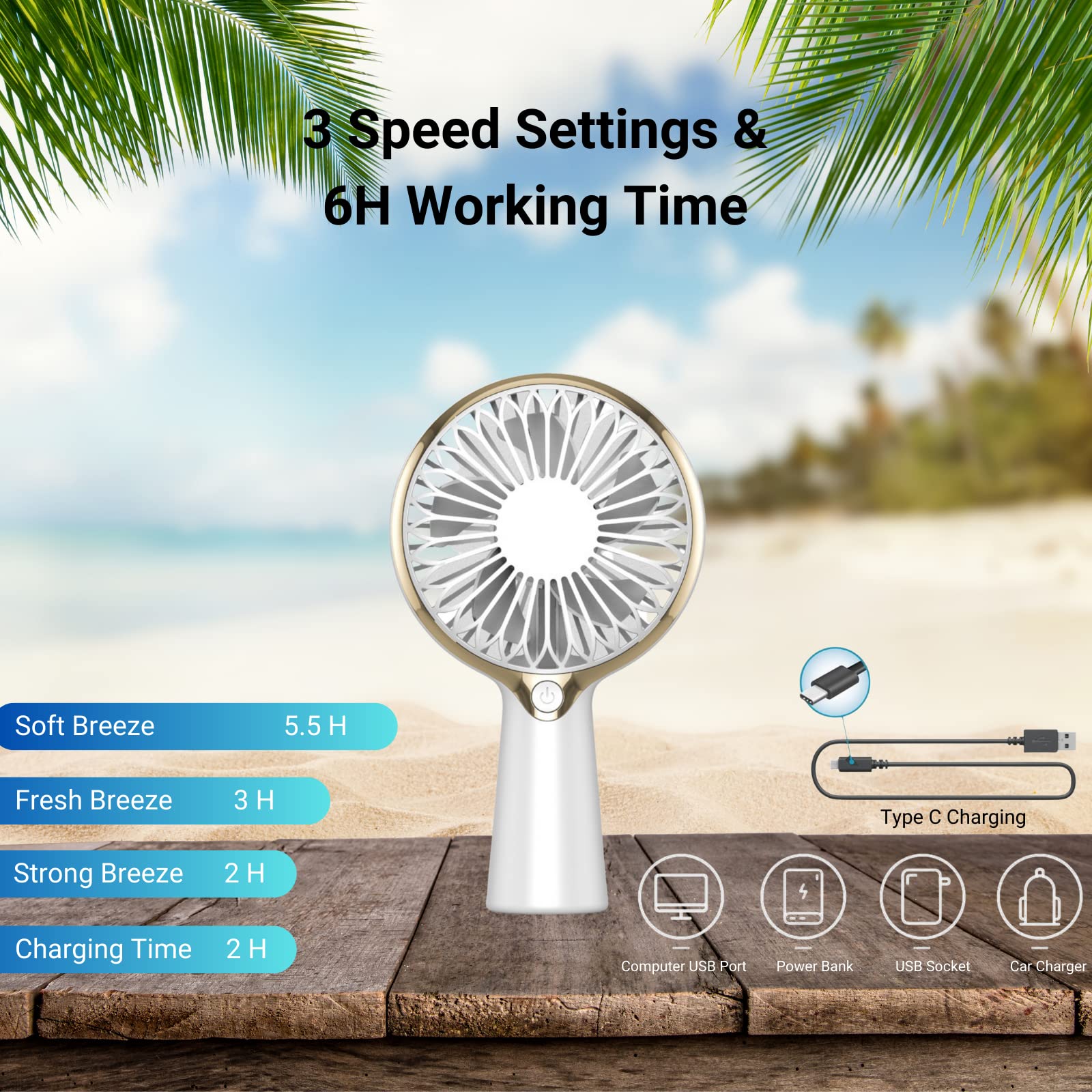 Portable USB Rechargeable Mini Handheld Fan - Personal Desk Fan with 3-6 Hours Battery Life for Office, Travel, Outdoor & Home Use | Compact Cooling Fan for Work, Camping, Beach & Daily Activities