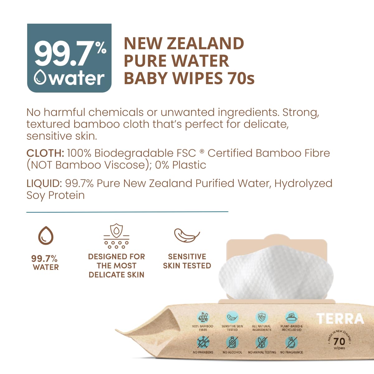 Organic Pure New Zealand Water Bamboo Baby Wipes - Hypoallergenic, Biodegradable & Chemical-Free (70 Count, Pack of 12) | Gentle for Newborn Skin, Perfect for Diaper Changes, On-the-Go Cleaning & Sensitive Skin Care