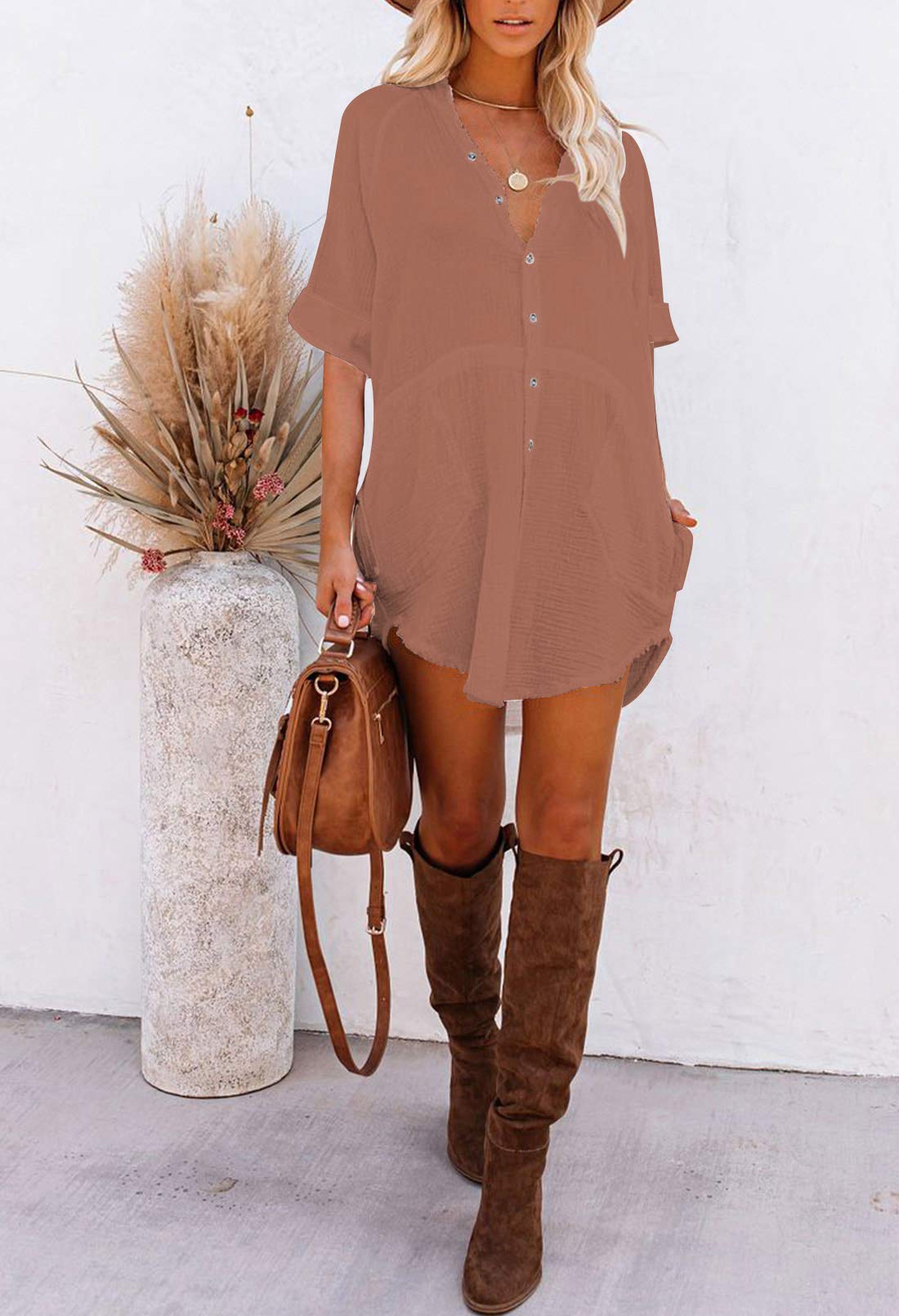 Pink Queen Women's V-Neck Long Sleeve Button Down Blouse Tunic Shirt Mini Dress with Pockets - Elegant Office Wear & Casual Outfit for Work, Date Night and Special Occasions