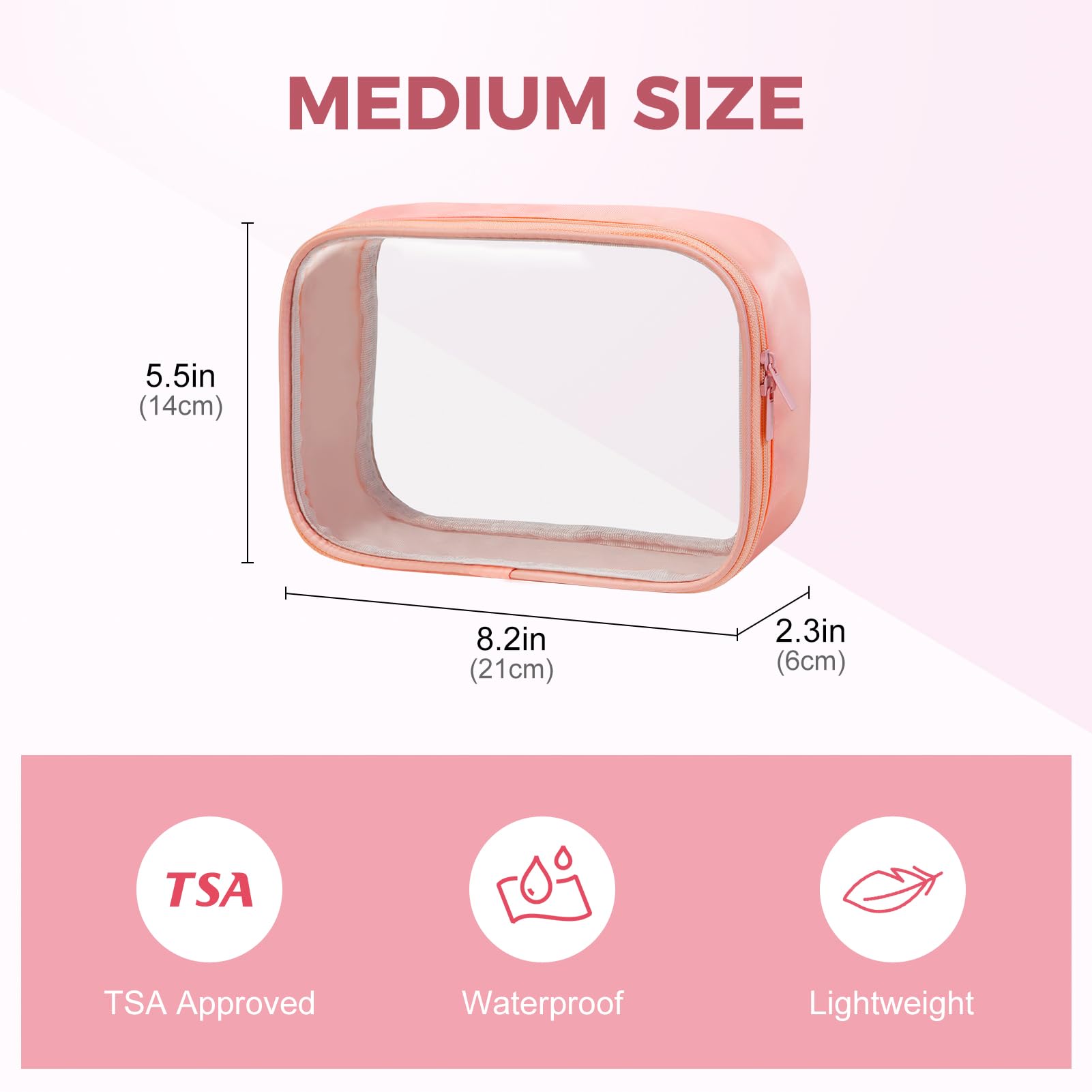 TSA Approved Clear Toiletry Bag - Quart Size 3-1-1 Compliant Travel Cosmetic Organizer for Women & Men | Transparent Makeup Pouch in Peach Pink | Perfect for Airplane Carry-On, Gym Essentials & Vacation Packing