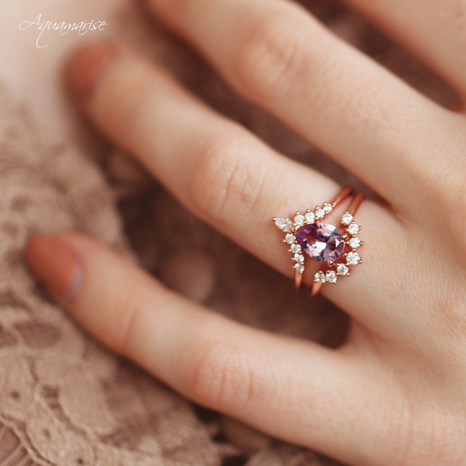 14K Rose Gold Vermeil Teal & Purple Alexandrite Ring Set for Women | Elegant Jewelry Gift for Birthday, Anniversary & Special Occasions