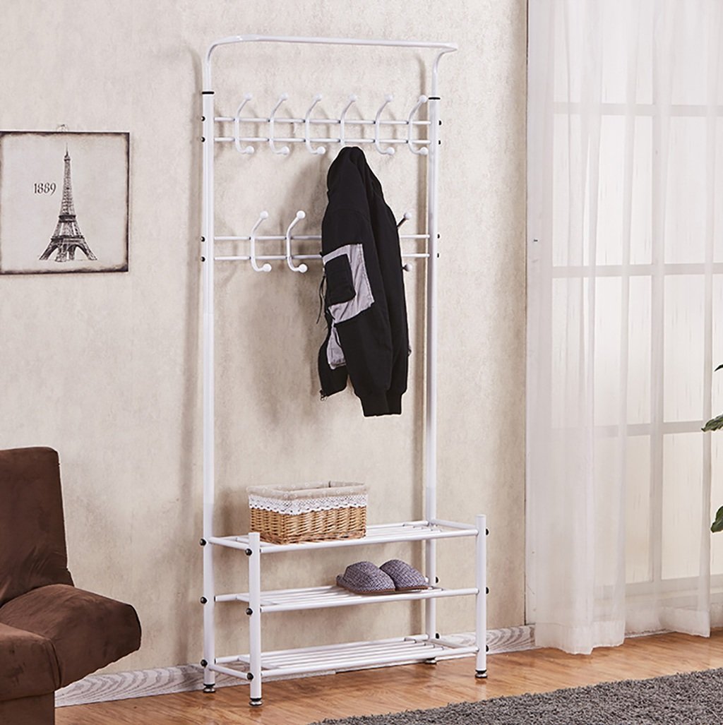 Simple Hall Coat Rack & Shoe Rack Combination - Iron Floor Hanger for Living Room, Bedroom, Entrance & Bathroom - White | Space-Saving Storage for Jackets, Bags & Shoes