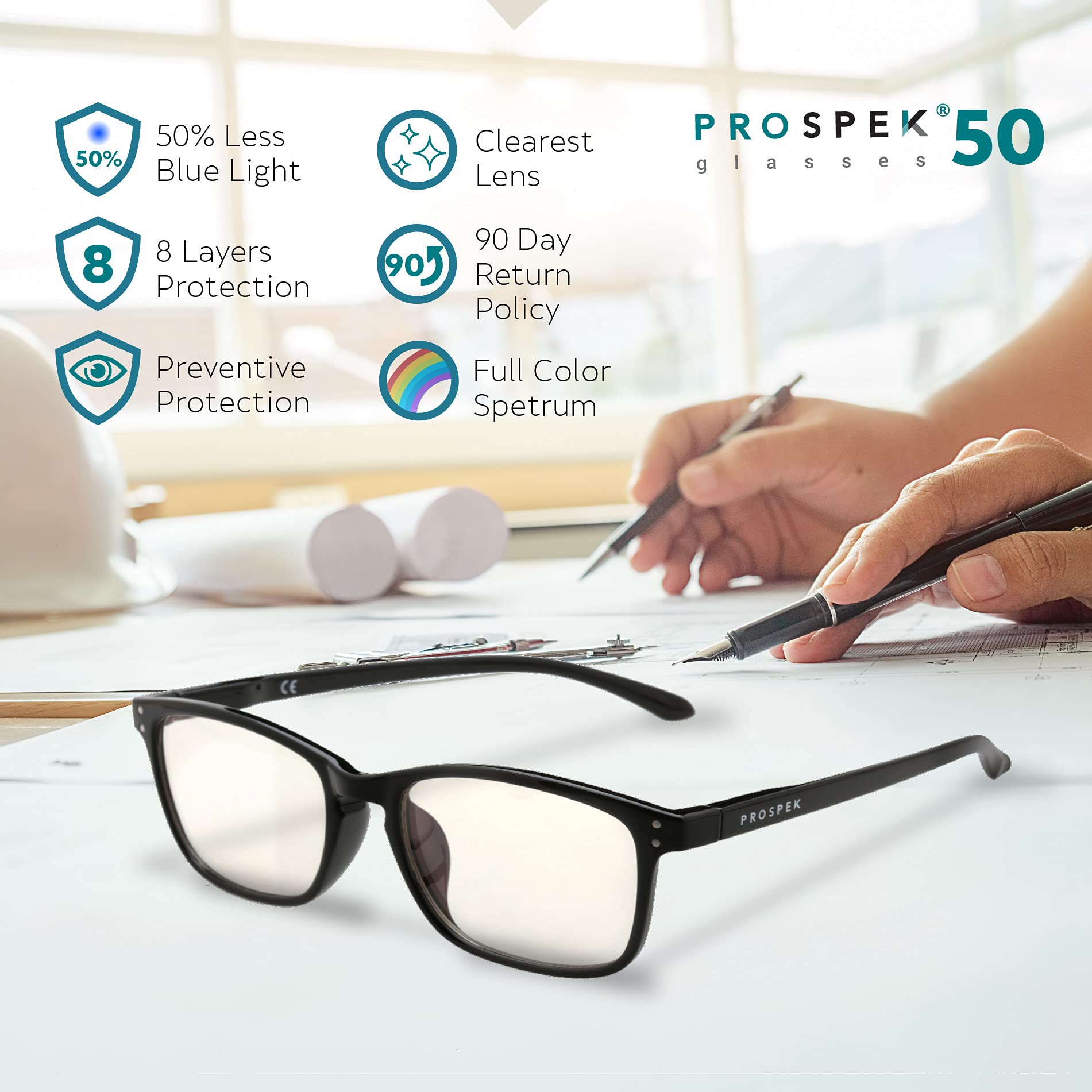 Prospek Blue Light Blocking Glasses for Men & Women - Clear Lens Computer Glasses - Anti Eye Strain & UV Protection - Perfect for Gaming, Office Work & Screen Use