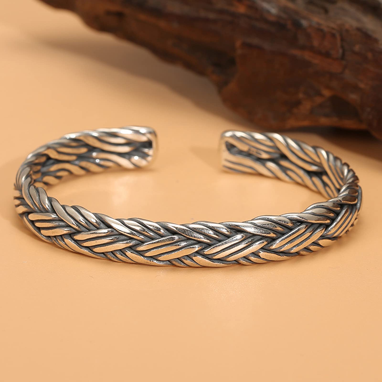 UTHTY Retro 925 Sterling Silver Bangle Bracelet for Men - Personalized Weave Design Jewelry Gift for Boy, Father with Elegant Gift Box | Perfect for Weddings, Anniversaries & Special Occasions