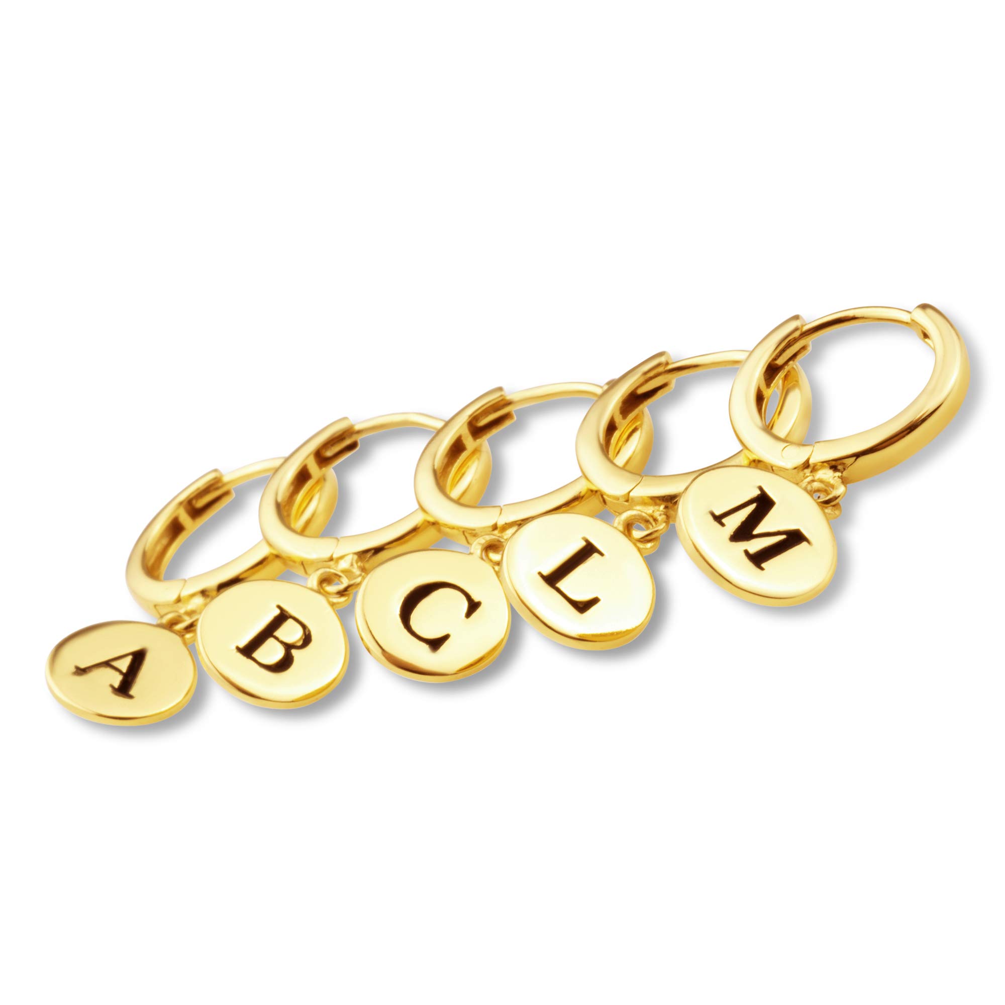 18K Gold Plated Sterling Silver Initial Engraved Women's Huggie Earrings - Personalized Disc Hoop Earrings for Everyday Wear, Gift Giving & Special Occasions