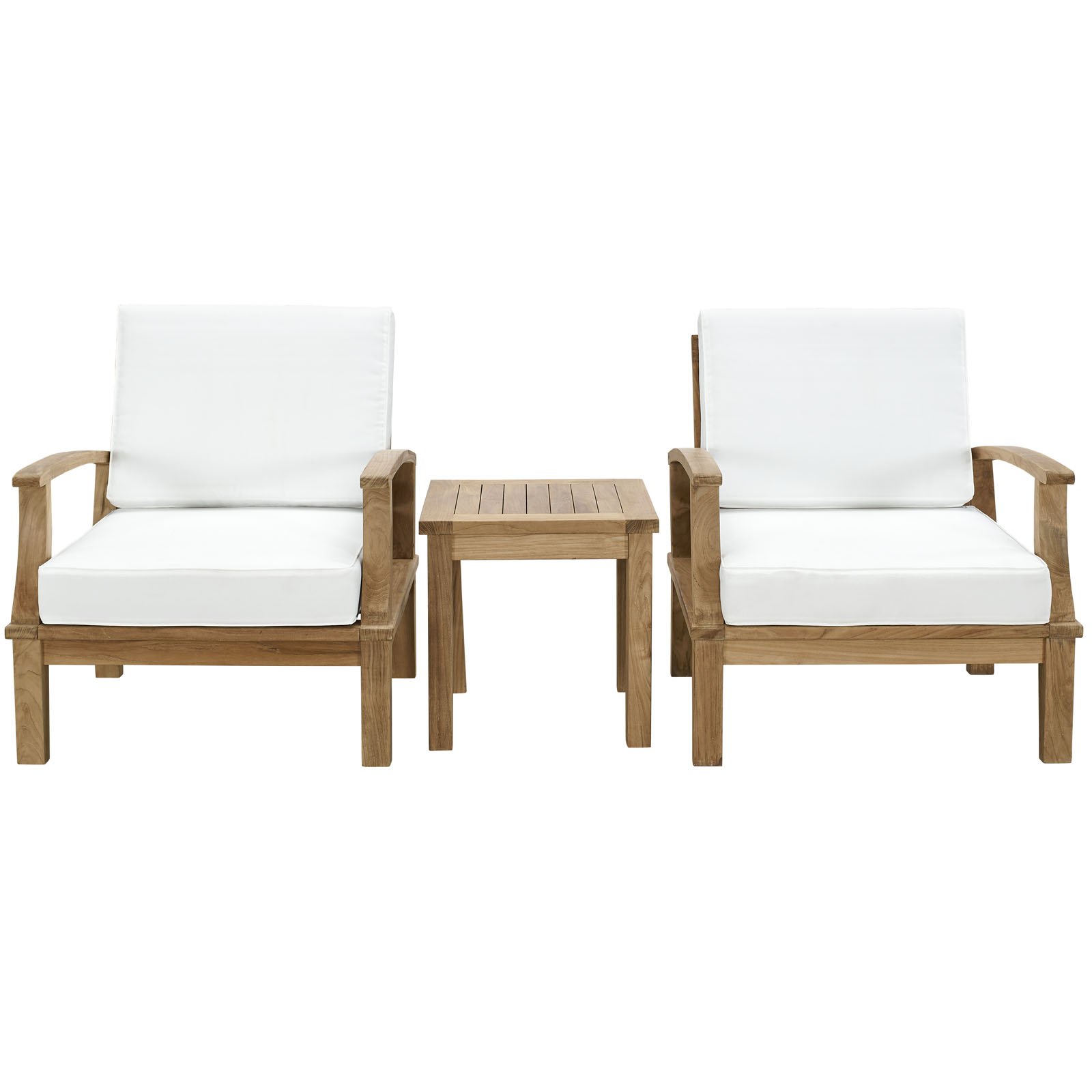 Modway EEI-1487-NAT-WHI-SET Premium Teak Wood Outdoor Patio Furniture Set - 2 Armchairs & Side Table in Natural White - Perfect for Poolside, Garden & Backyard Relaxation