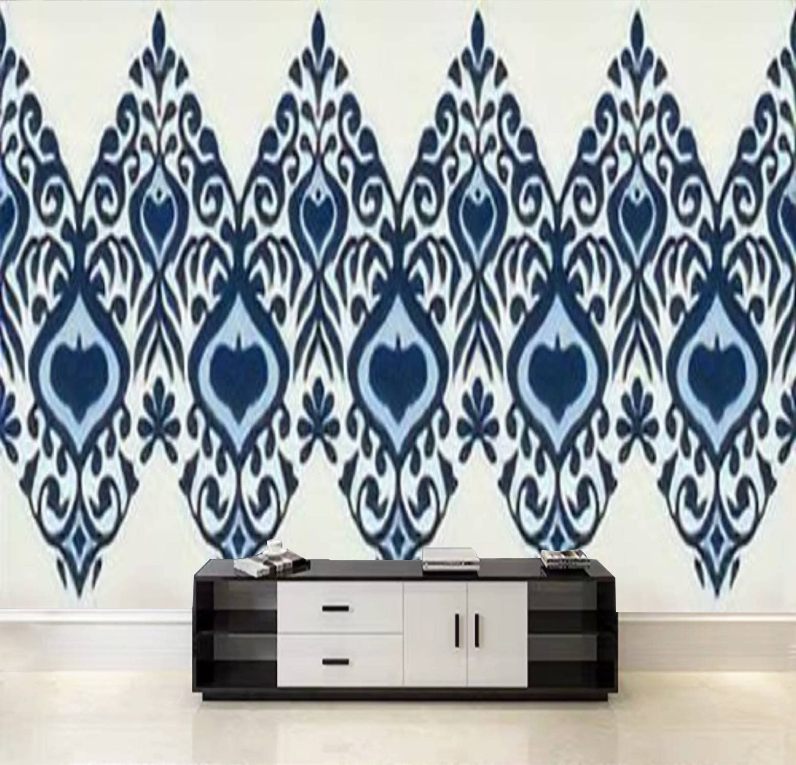 Self-Adhesive Peel & Stick Wallpaper - Ikat Geometric Folkloric Oriental Damask Mural | Removable Large Wall Decal for Living Room, Bedroom & Office Decor | Easy DIY Home Improvement & Wall Covering Solution