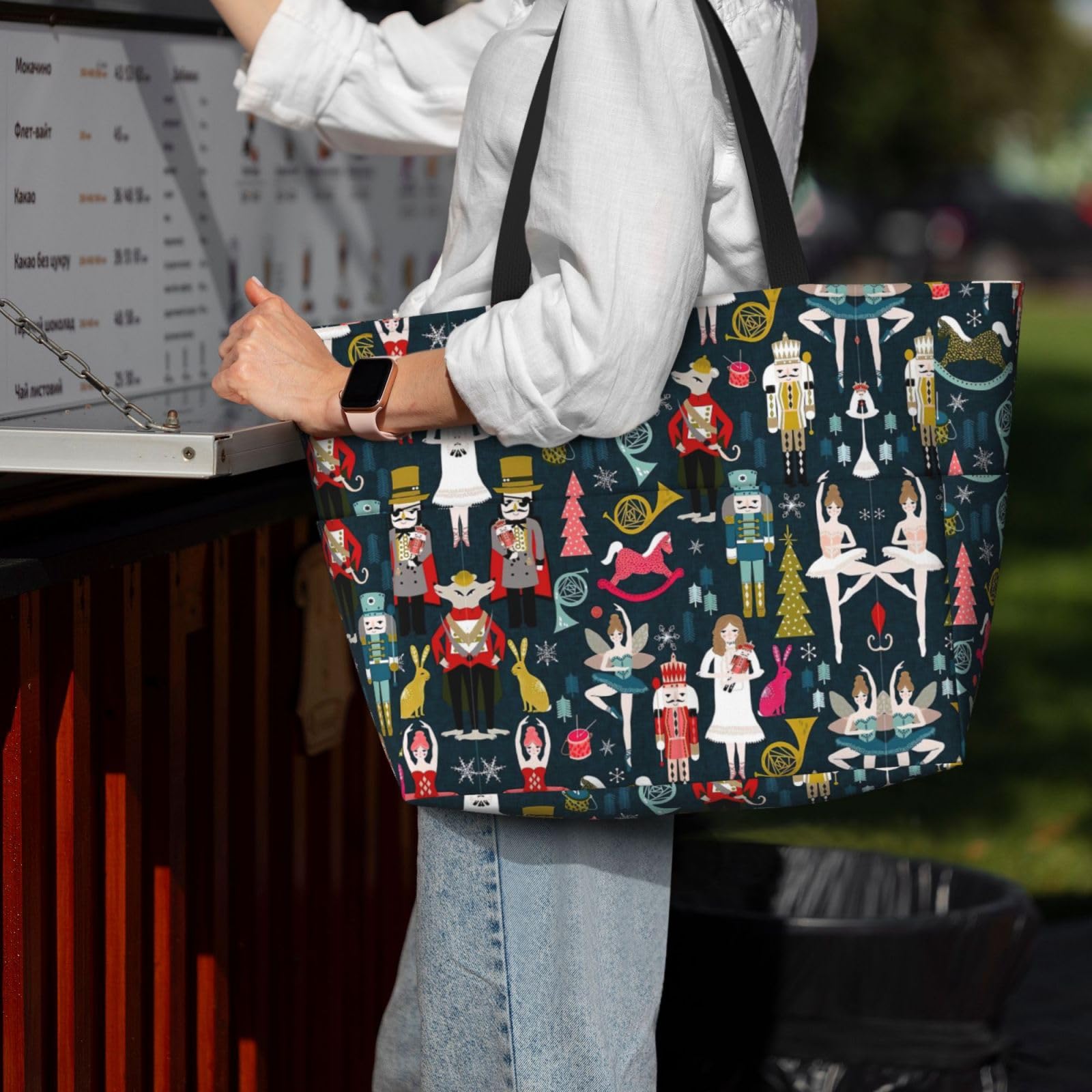 Women's Nutcracker Ballet Christmas Dance Print Large Tote Bag - Fashionable Travel Shoulder Bag with Handle for Gym, Work & Holiday Travel | Perfect Gift for Dancers, Ballet Lovers & Christmas Enthusiasts