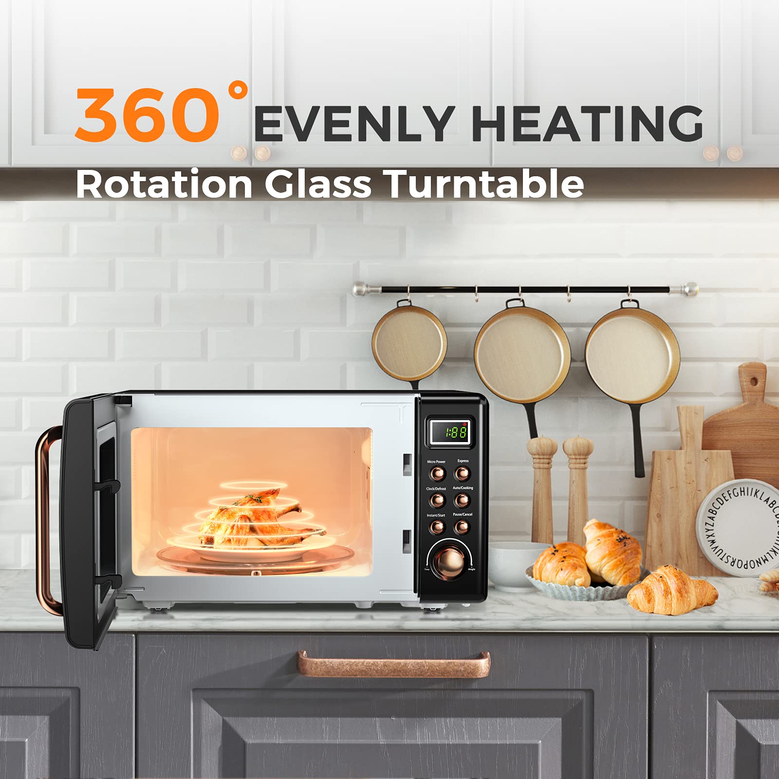 ARLIME 0.7Cu.ft 700W Small Retro Countertop Microwave Oven - 5 Power Levels, Auto Cooking & Defrost Functions, Stainless Steel Interior, LED Display - Perfect for Kitchen, RV, Dorm, Office & Small Spaces (Golden)
