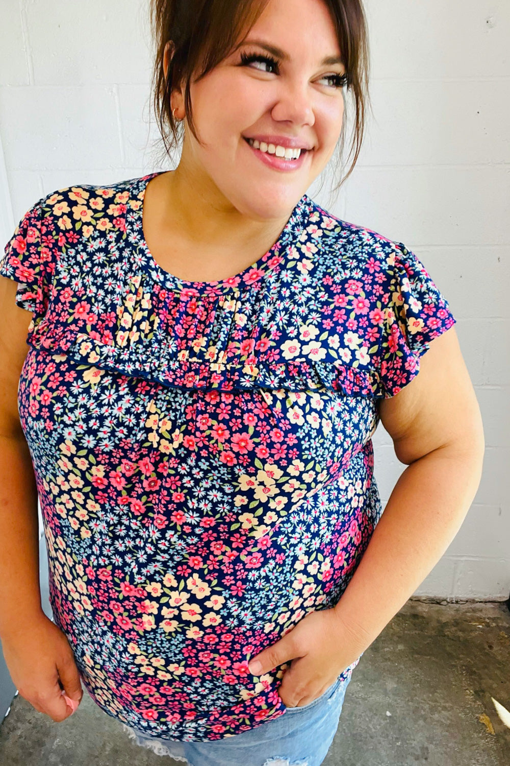 Navy Blue Floral Print Short Sleeve Blouse with Frilled Yoke - Women's Casual Summer Tops for Beach, Vacation & Date Night Outfits