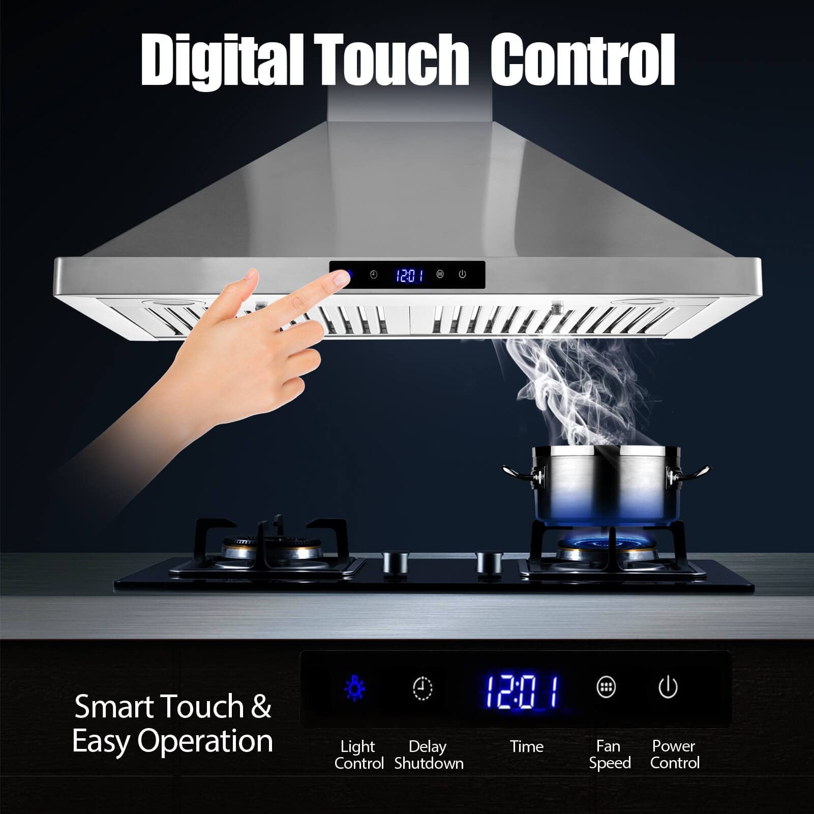 30 Inch Stainless Steel Wall Mount Range Hood - 700 CFM Convertible Ducted/Ductless Kitchen Exhaust Fan with Touch Control, 3 Speed Settings & LED Lights | Permanent Filters for Easy Maintenance | Perfect for Modern Kitchens, Apartments & Open Concept Homes