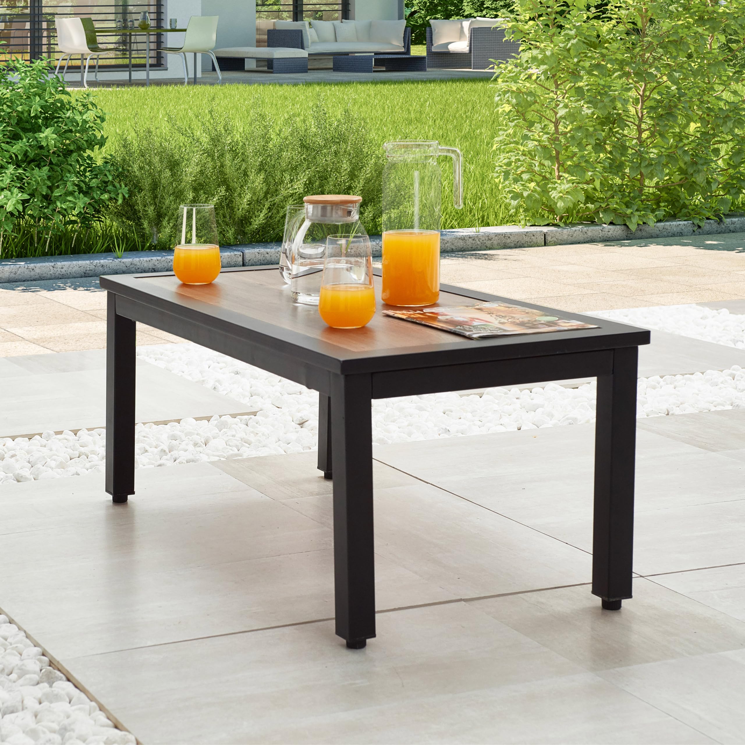 LOKATSE HOME Outdoor Metal Coffee Table with Wood Grain Top - Rectangle Patio Furniture for Backyard, Deck, Lawn & Garden - Perfect for Poolside Lounging & Outdoor Entertaining