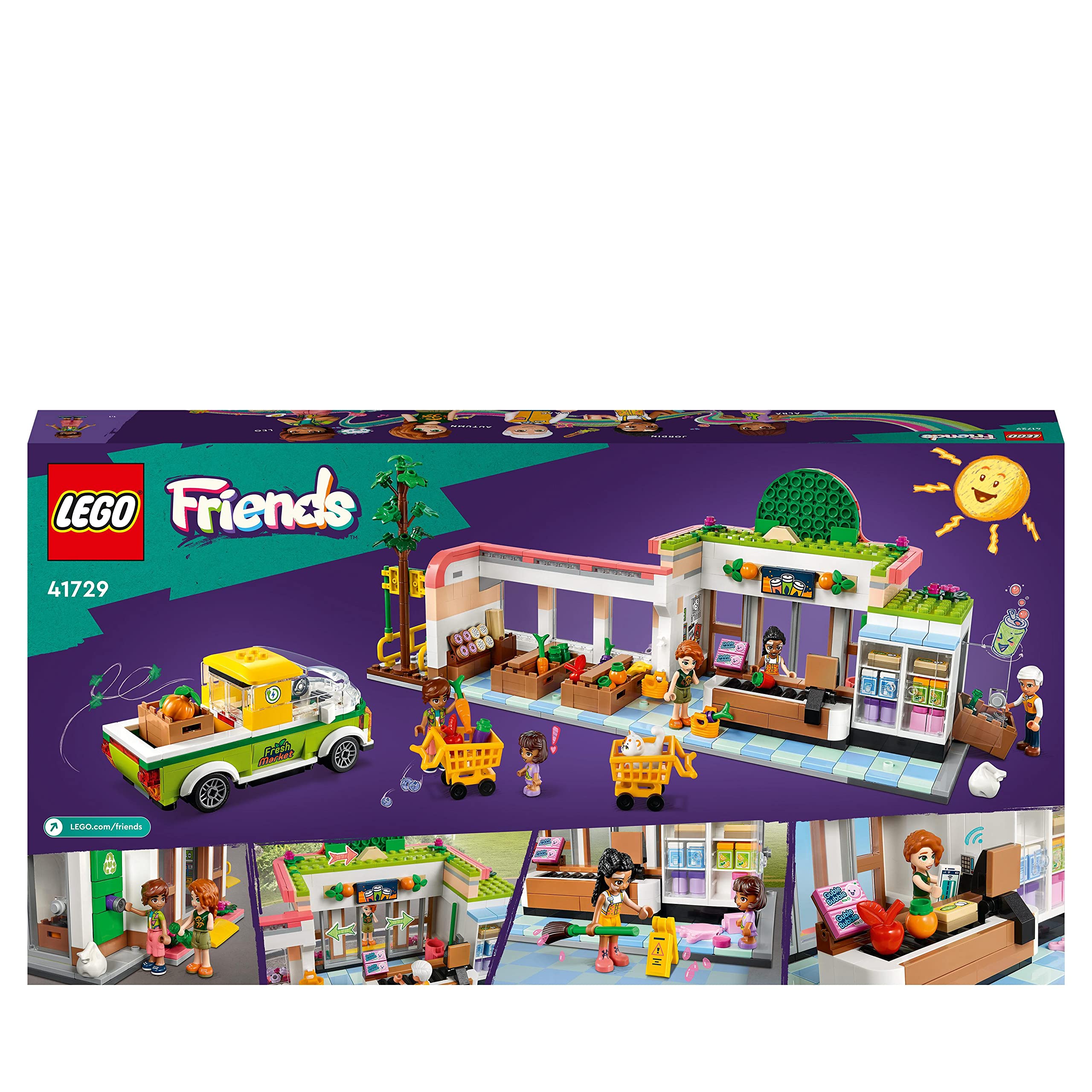 LEGO 41729 Friends Organic Supermarket Toy Set with Shopping Carts & Truck, 4 Mini Dolls & Characters for Kids Ages 8+ (2023 Edition) – Perfect for Pretend Play, Birthday Gifts & Creative Building Fun