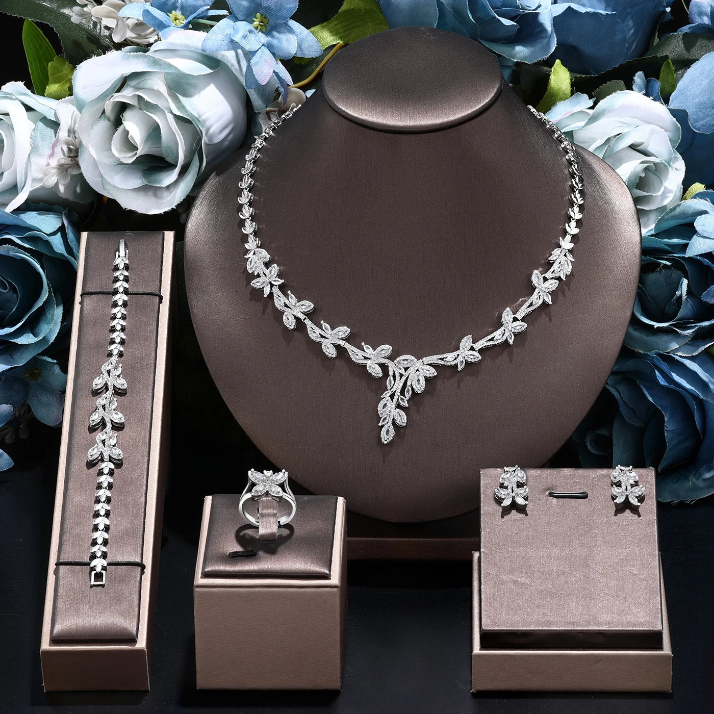 Luxury 4PCS Cubic Zirconia Wedding Jewelry Set for Women - Bridal Party Necklace Earrings Set - Dubai Inspired Elegant Bridal Accessories - Perfect for Weddings, Anniversaries & Special Occasions