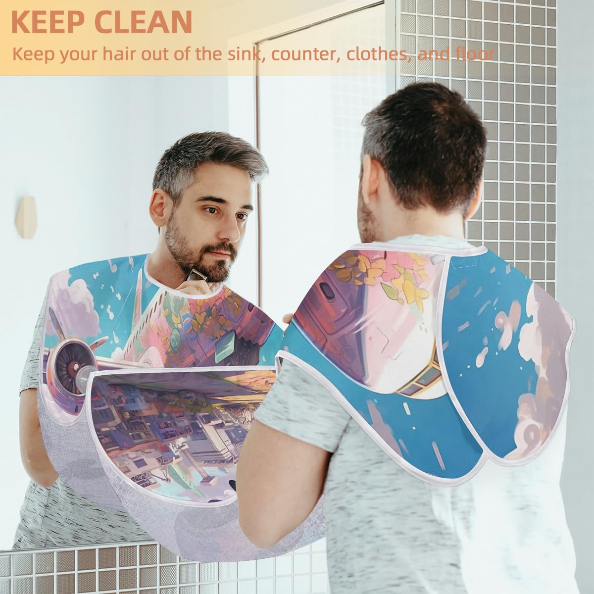 Pink Airplane Print Beard Shaving Bib for Men - Waterproof Barber Apron for Hair Dye & Makeup - Beard Hair Catcher for Sink - Perfect Gift for Barbers & Grooming Enthusiasts (Great for Home & Salon Use)