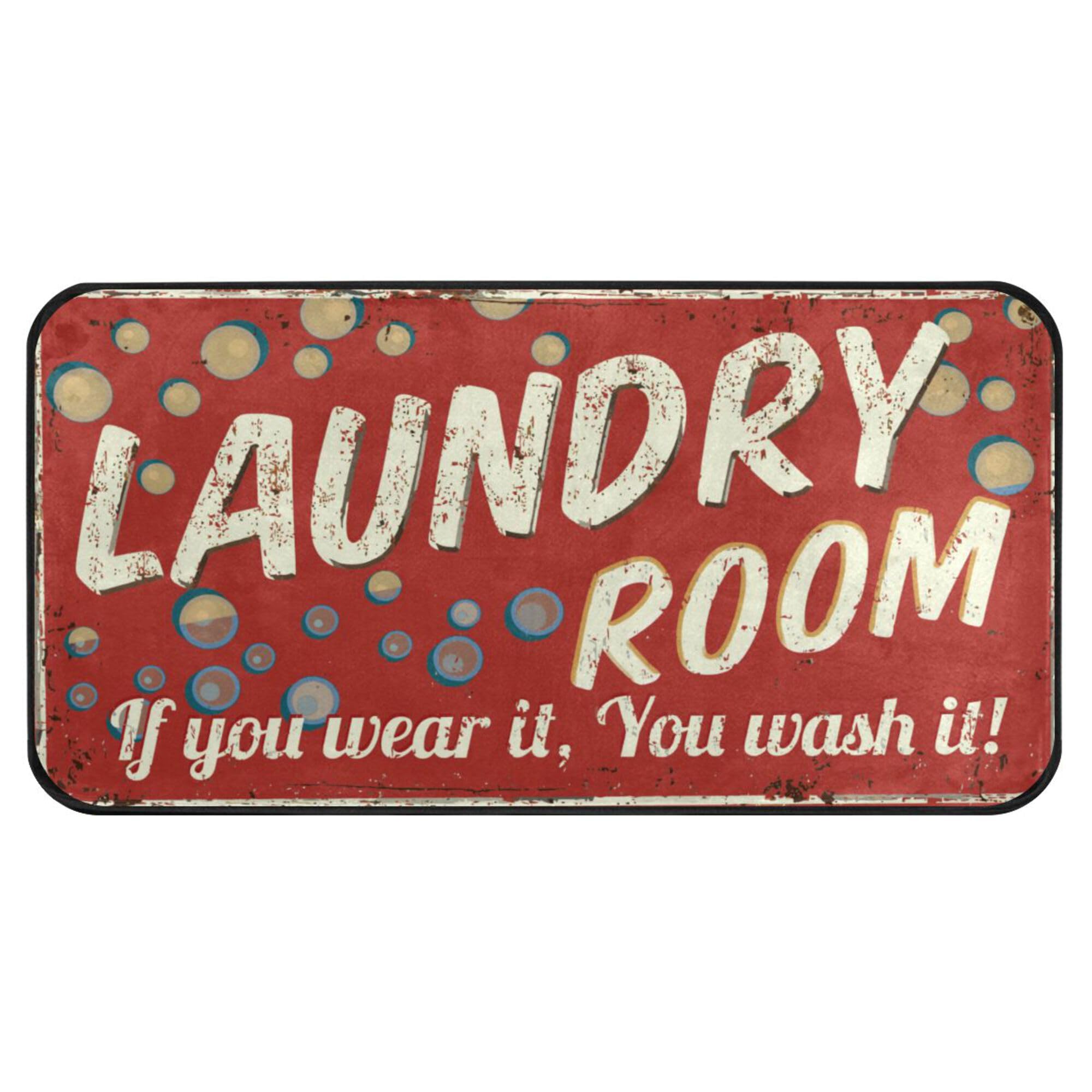 Vintage Metal Laundry Room Sign & Red Washable Rug - 39x20in Non-Slip Kitchen Floor Mat, Bathroom Runner, Washing Machine Area Carpet - Perfect for Laundry Decor, Mudroom & Entryway