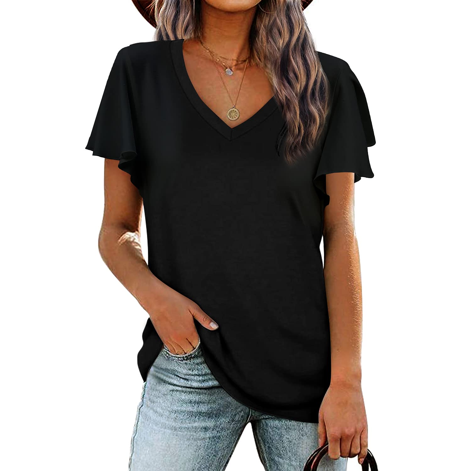 BESFLY Women's Summer V-Neck Long Sleeve Tunic Blouse - Elegant Casual Puff Sleeve T-Shirt Top for Work, Date Night & Everyday Wear