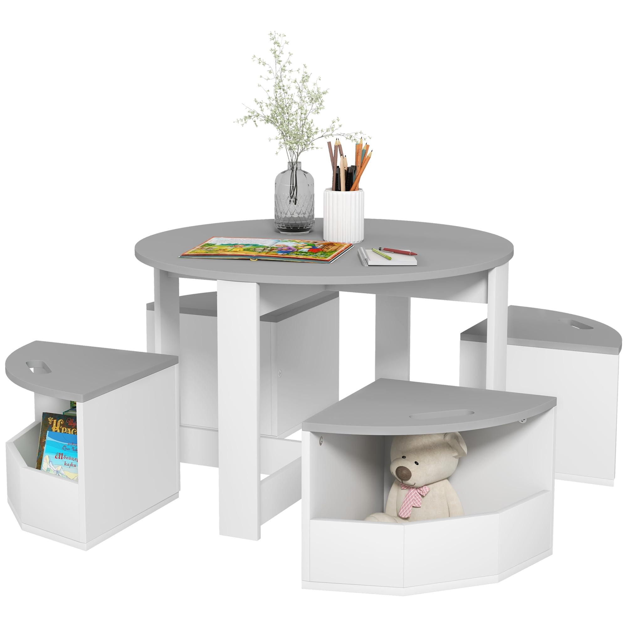 Qaba 5-Piece Kids Table and Chair Set with Storage - Toddler Activity Table for Art, Crafts, Reading - Perfect for Classroom, Playroom, Daycare & Home (Grey) - Encourage Creativity & Learning in Children