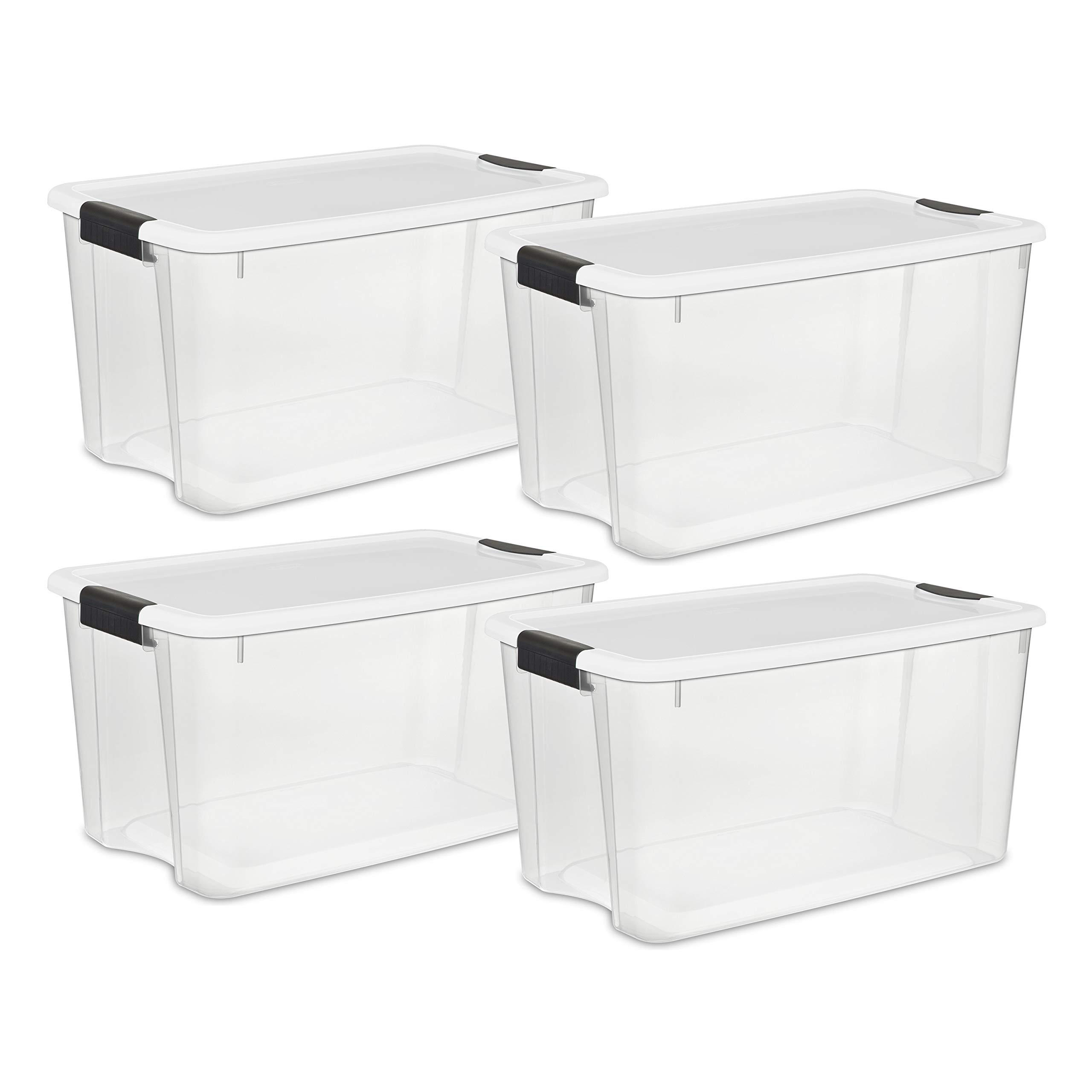 Sterilite 70 Quart/66 Liter Clear Storage Box with White Lid & Black Latches - 4-Pack Plastic Containers for Home Organization, Closet, Garage, and Moving Supplies