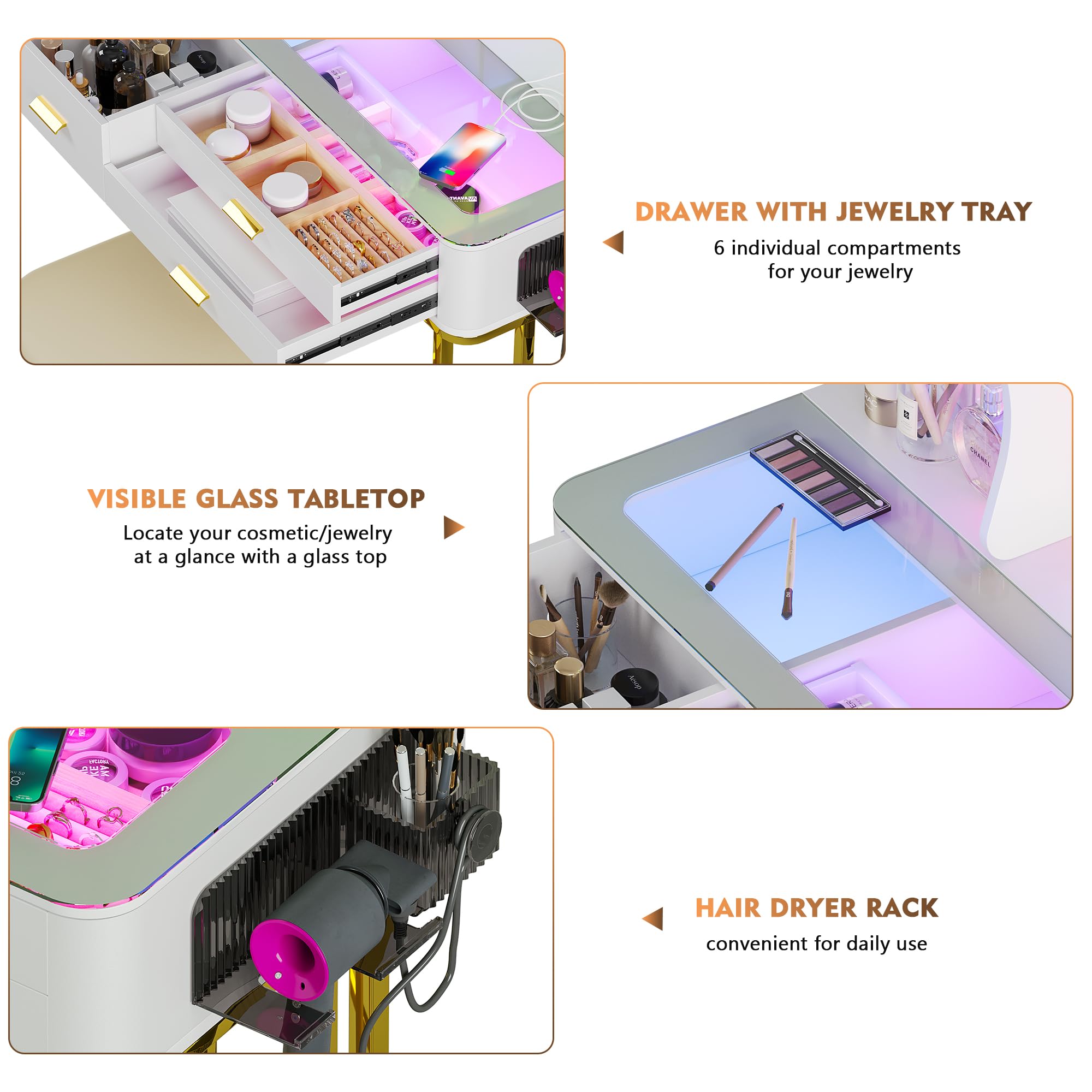 RGB Makeup Vanity Desk with Wireless Charging Station - 7 Dynamic & 7 Static Dimmable LED Lights, Glass Top Vanity Table with Auto Sensor Mirror & Stool - Perfect for Bedroom, Dressing Room & Beauty Salon Makeup Setup
