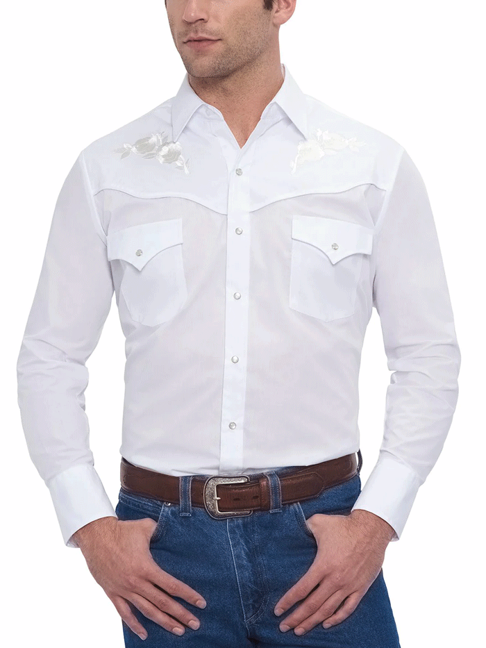 Ely Cattleman Men's Western Shirt with Rose Embroidery - Long Sleeve Cowboy Shirt in White for Rodeo, Country Music Festivals & Western Fashion