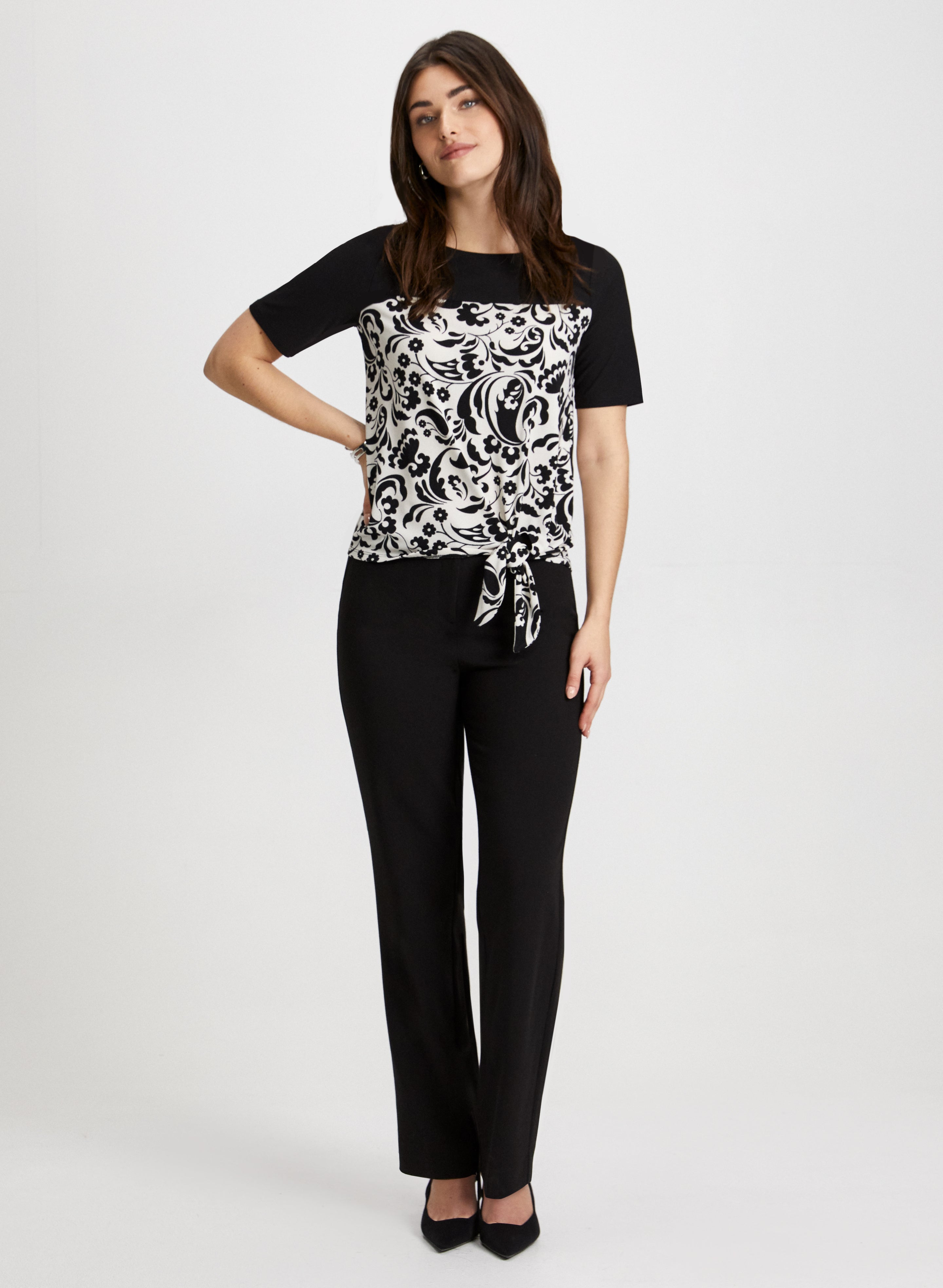 Floral Print Women's Blouse & Modern Fit Stretch Pants Set - Casual Office Wear & Spring Outfits