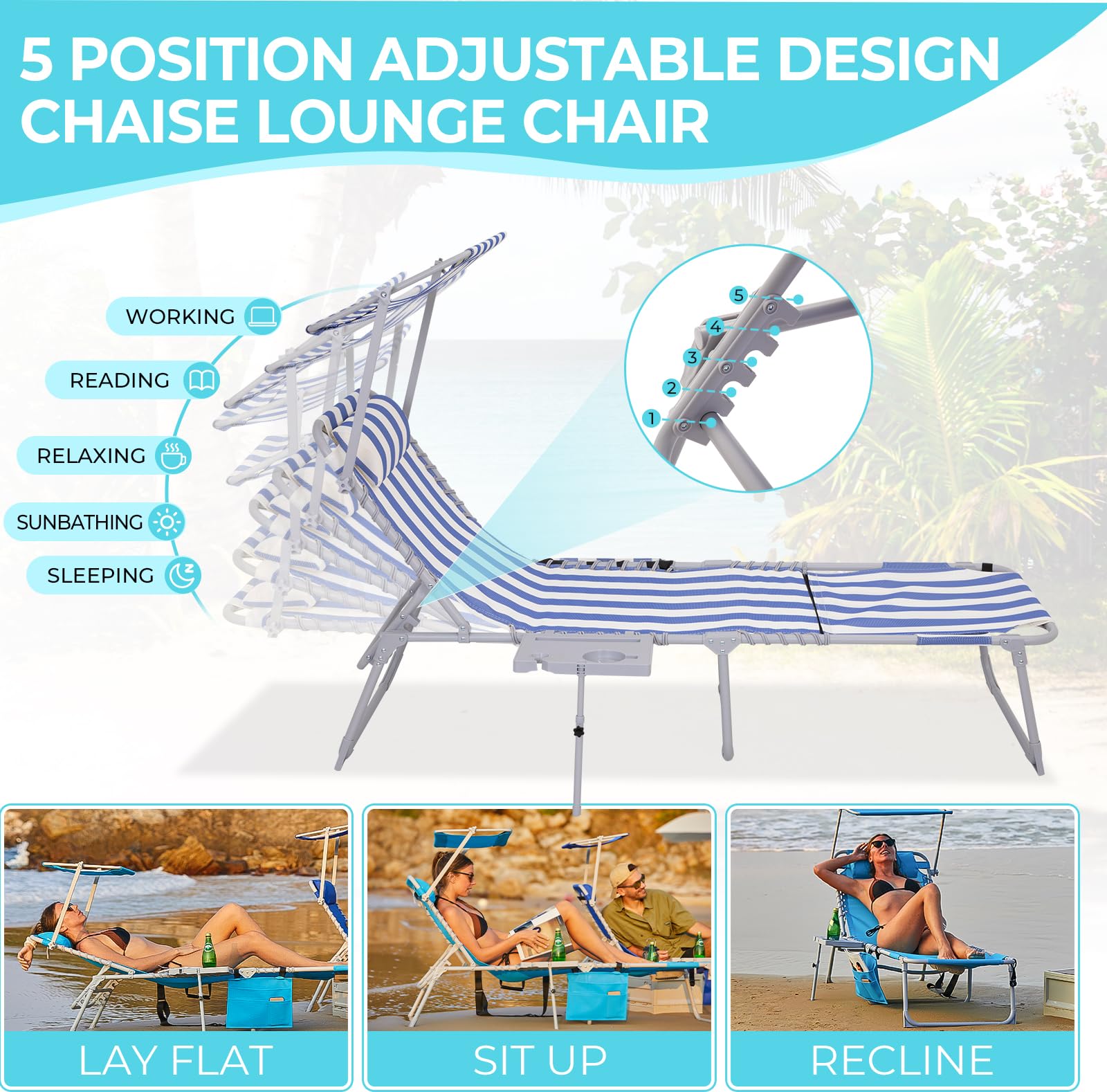 WEJOY Adjustable Patio Chaise Lounge Chair with Canopy & Side Table - 5-Position Recliner, Face Hole & Storage Pocket - Portable Folding Beach Chair for Poolside, Lawn, Camping & Sunbathing - Perfect for Outdoor Relaxation by the Pool, Beach or Backyard