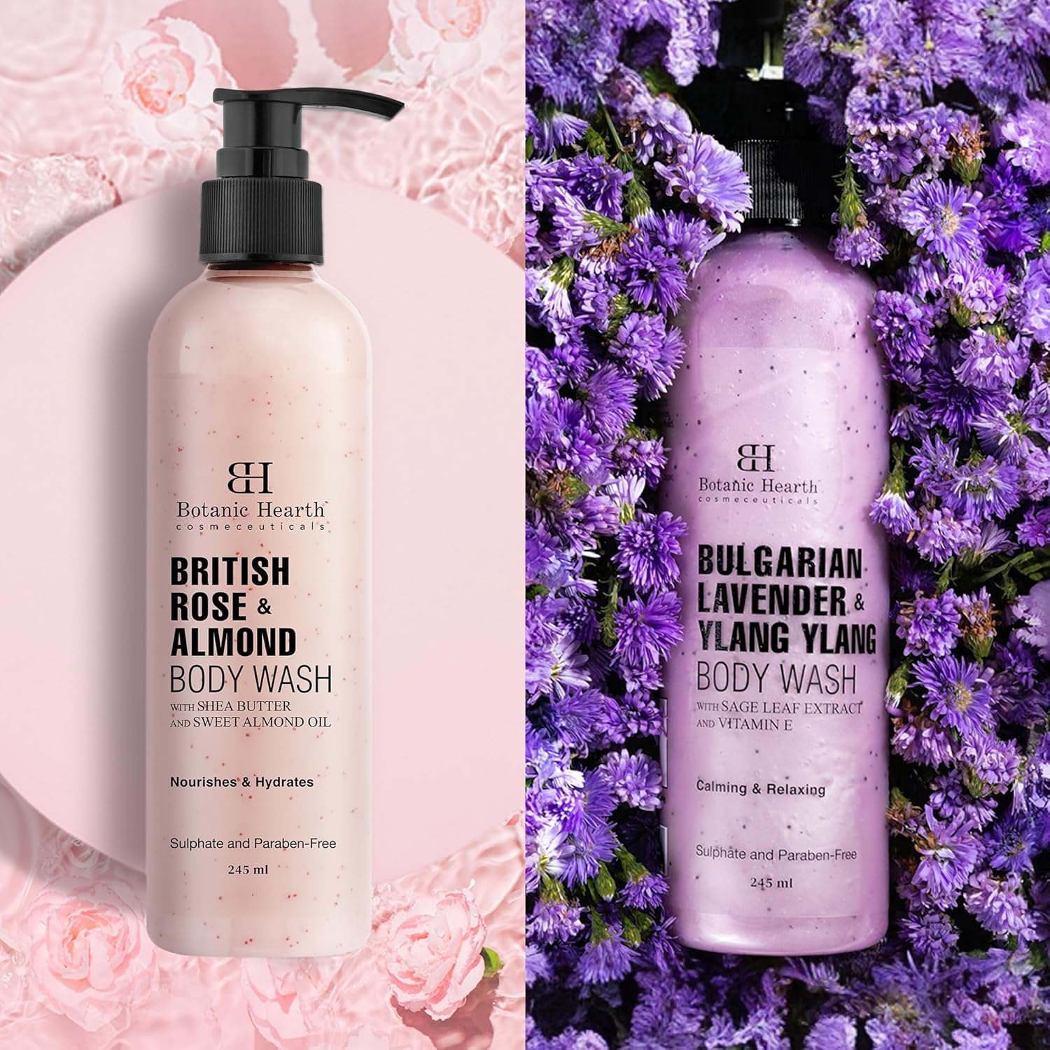 Bottaanic Hearth British Rose & Almond Body Wash and Bulgarian Lavender & Ylang Ylang Body Wash - 2 Pack Set for Relaxing Bath & Shower - Luxury Scented Body Cleanser for Dry & Sensitive Skin - Perfect Gift for Women & Men