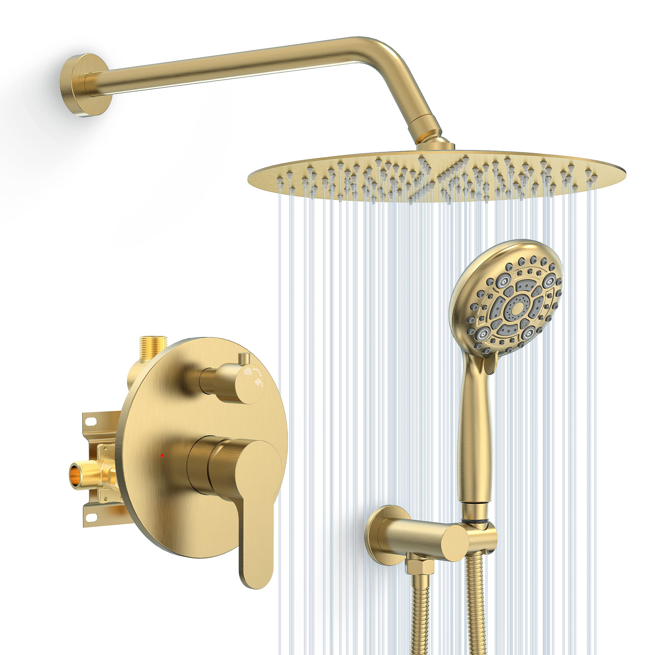 SR SUN RISE 12 Inch High Pressure Shower Head System - Brushed Gold Multifunctional Shower Faucet with Handheld Spray & Valve - Perfect for Bathroom, Spa & RV Use