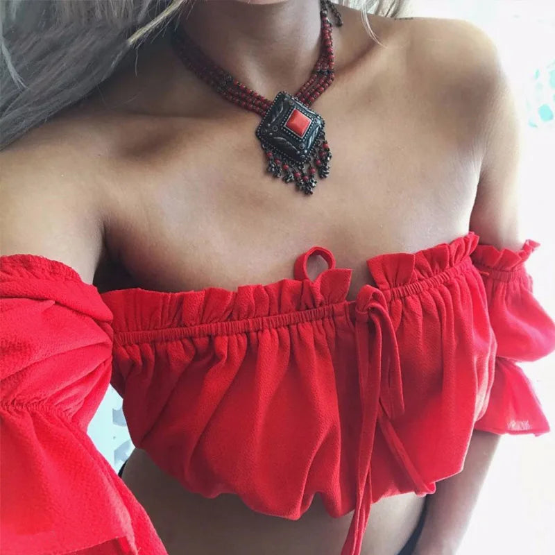 Sexy Strapless Ruched Crop Top for Women - Red, Black & White Summer Lantern Sleeve Beach Tops | Perfect for Pool Parties, Vacations & Casual Outfits