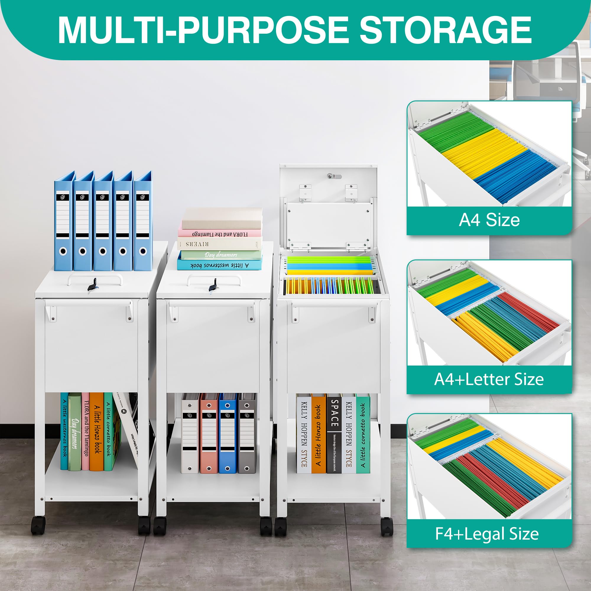 Metal Rolling File Cart with Wheels - Hanging File Organizer Cabinet for A4/F4/Letter/Legal Size - Mobile Office Storage Solution for Home & Office (White) | Perfect for Document Management & Workspace Organization