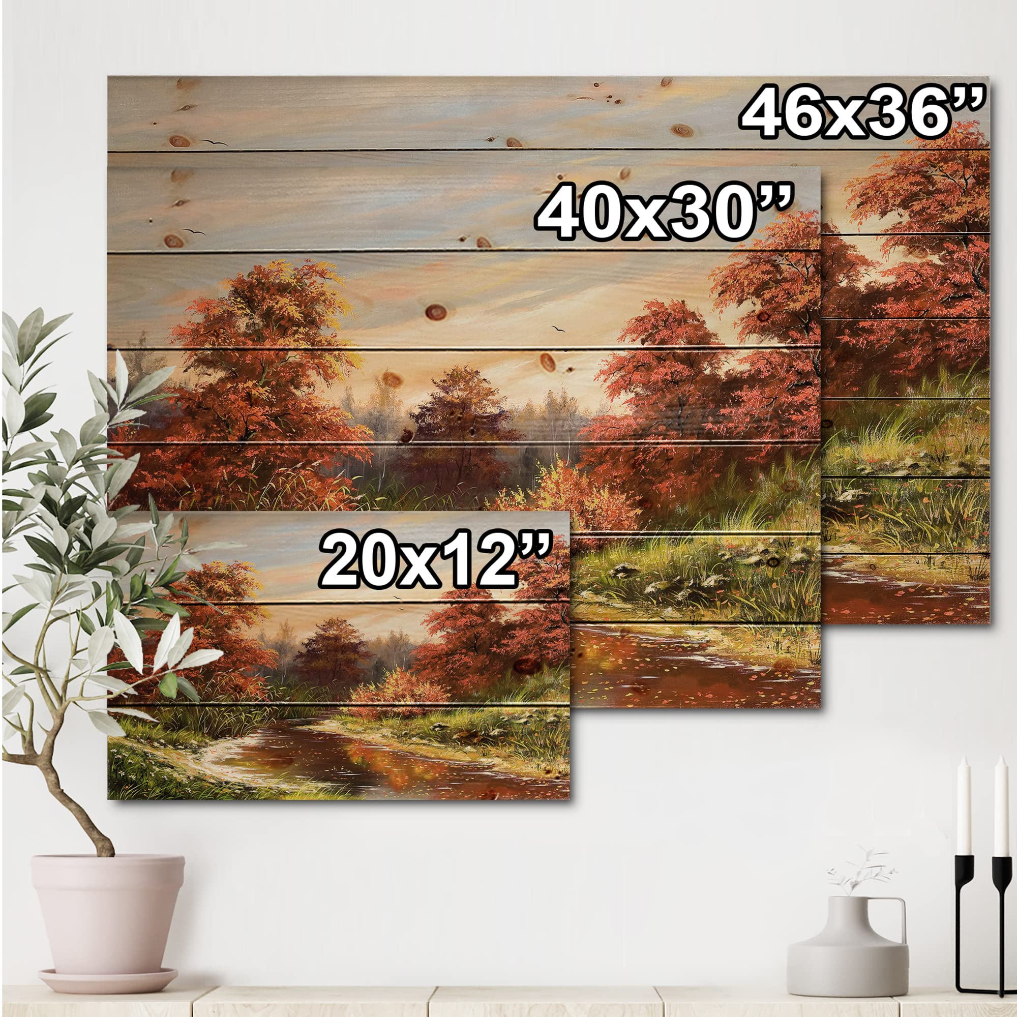 DesignQ Orange Autumn Lake House Wood Wall Decor - Large Landscape Wood Panel Art Printed on Natural Pine - Rustic Cabin, Farmhouse & Living Room Wall Art for Cozy Home Decor