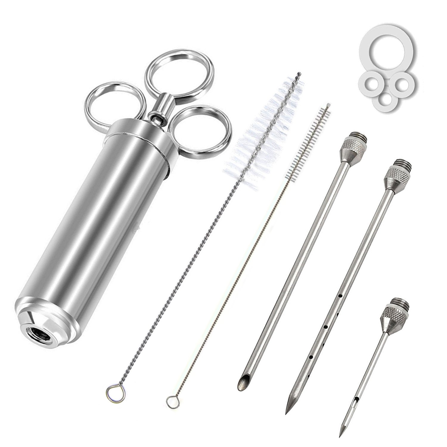 KayCrown 304 Stainless Steel Marinade Injector Kit - 2oz BBQ Meat Seasoning Syringe with 3 Needles & Brush for Grilling & Cooking
