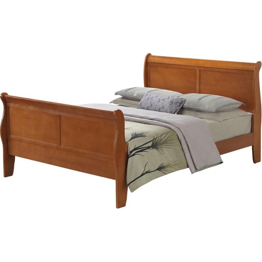 Glory Furniture Louis Phillipe Full Sleigh Bed in Solid Oak - Elegant Wooden Bed Frame for Master Bedroom & Guest Room