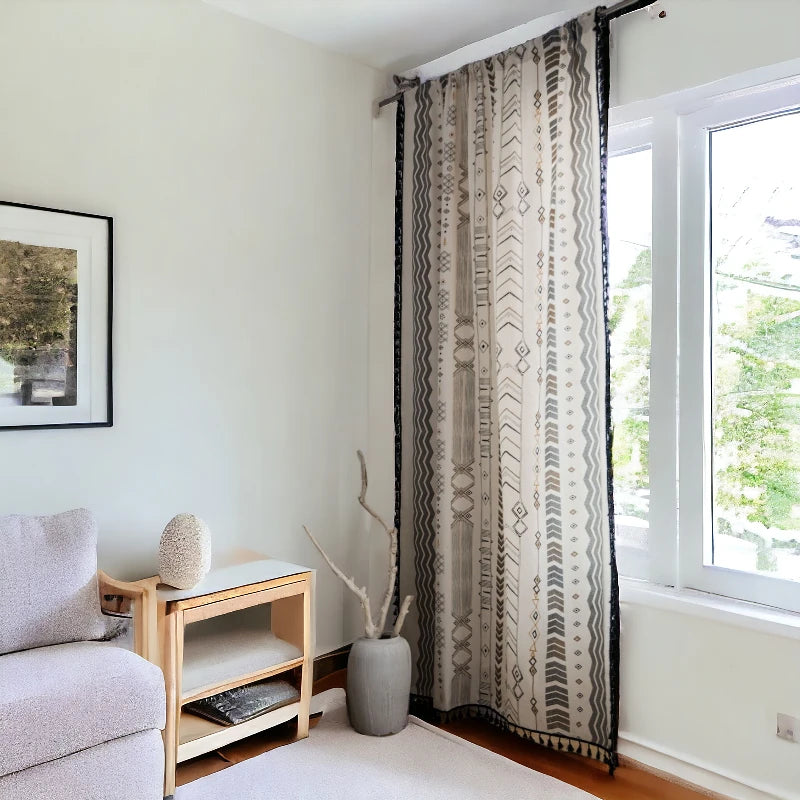 Boho Geometric Light Filtering Custom Curtains in Ivory - Handmade Window Drapes for Living Room, Bedroom & Nursery - Soft Sheer Fabric with Unique Bohemian Design