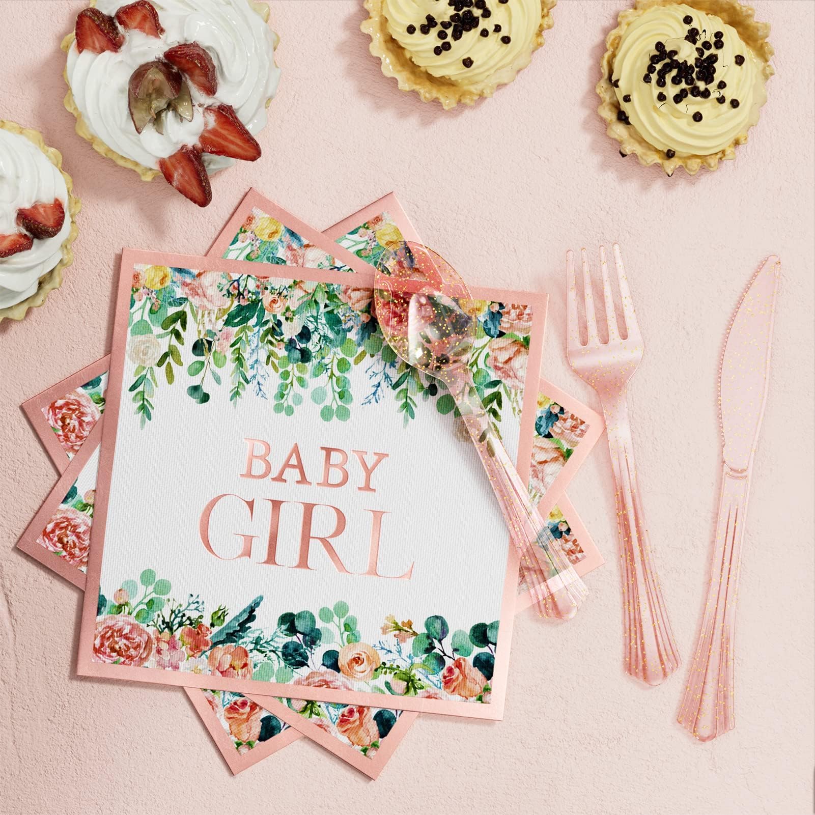 175PCS Floral Baby Shower Party Supplies Set - Rose Gold Disposable Dinnerware for Girls (25 Guests) | Includes Plates, Cups, Napkins, Forks, Knives & Spoons | Perfect for Baby Girl Birthday & Bridal Showers