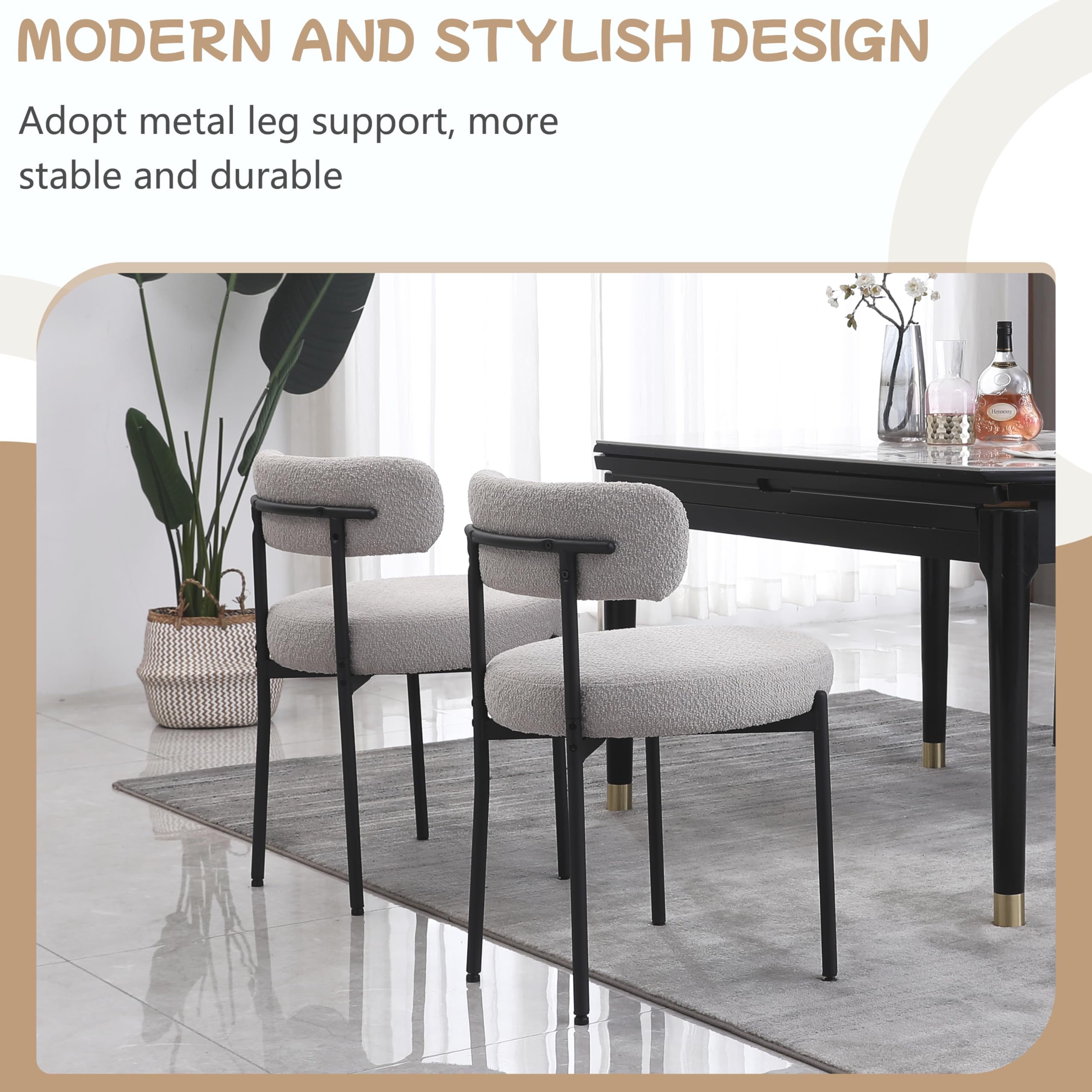 Light Grey Upholstered Boucle Dining Chairs Set of 2 - Mid-Century Modern Round Kitchen Chairs with Curved Backrest & Black Metal Legs - Perfect for Dining Room, Breakfast Nook & Small Space Decor