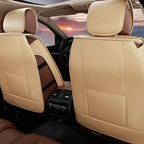 Premium PU Leather Car Seat Covers - Waterproof, Non-Slip, Airbag Compatible for Most Cars & SUVs (5-Piece Set with Pillows, Beige) - Perfect for Daily Commute, Road Trips & Family Travel