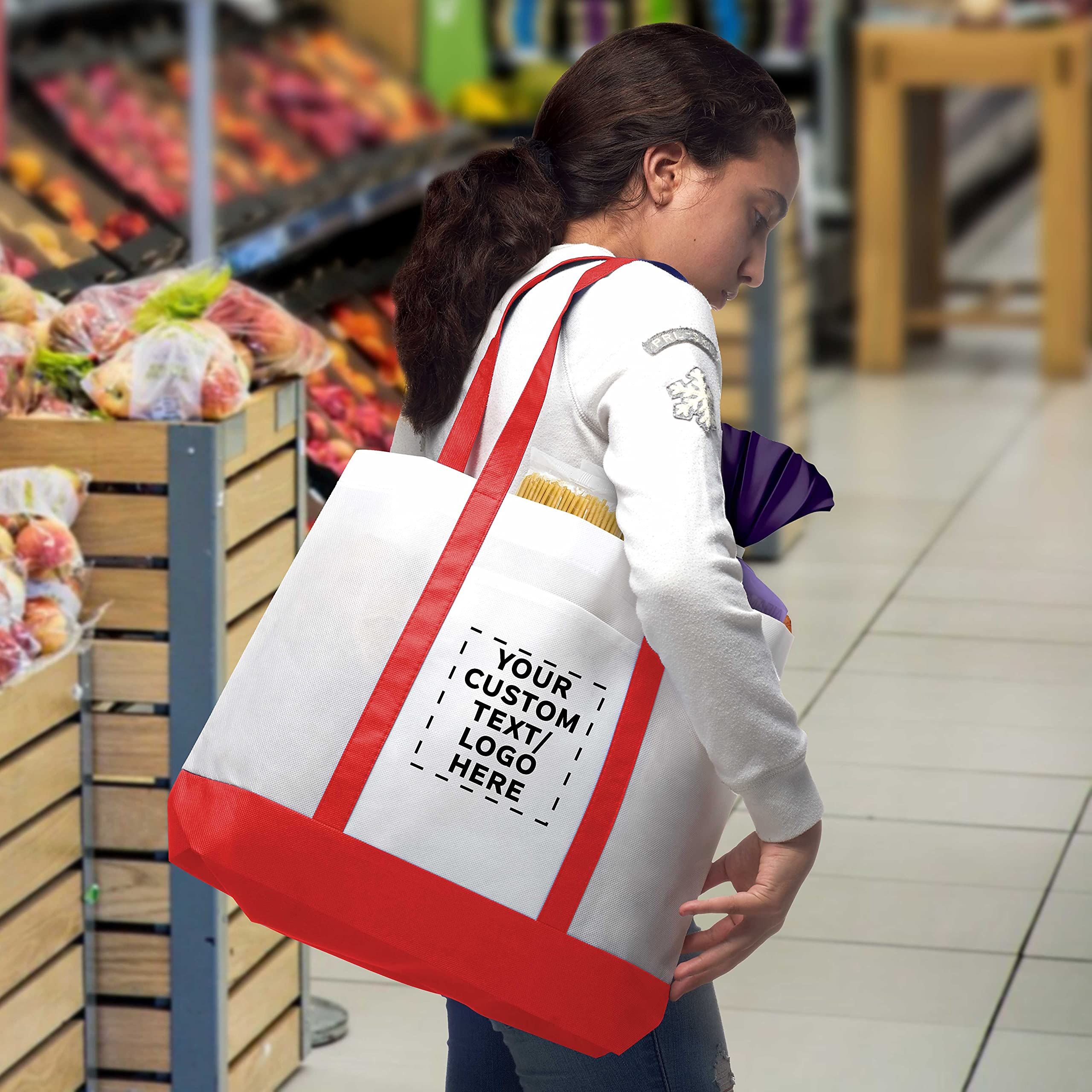 Customizable Non-Woven Tote Bags Set of 100 - Durable, Water Resistant, Two-Tone Design with Front Pocket - 18
